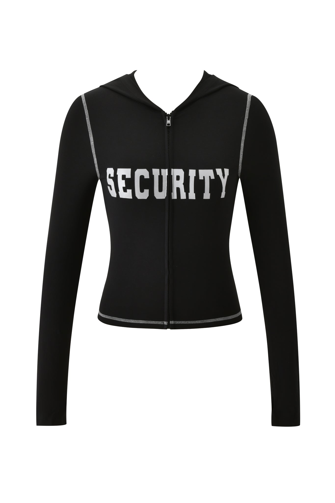The I.AM.GIA BLARE HOODIE - JET BLACK : SECURITY is a black fitted zip-up hoodie featuring long sleeves and a striking, reflective white SECURITY logo across the chest. This stylish and comfortable piece is perfect for any occasion.