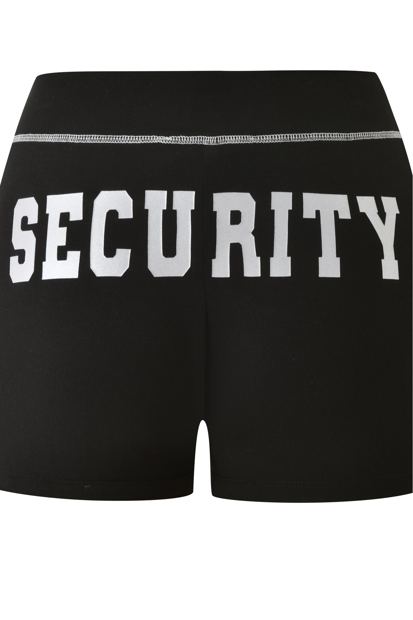 The I.AM.GIA BLARE SHORT - JET BLACK : SECURITY features a wide elastic waistband and bold, reflective white “SECURITY” lettering printed across the back.