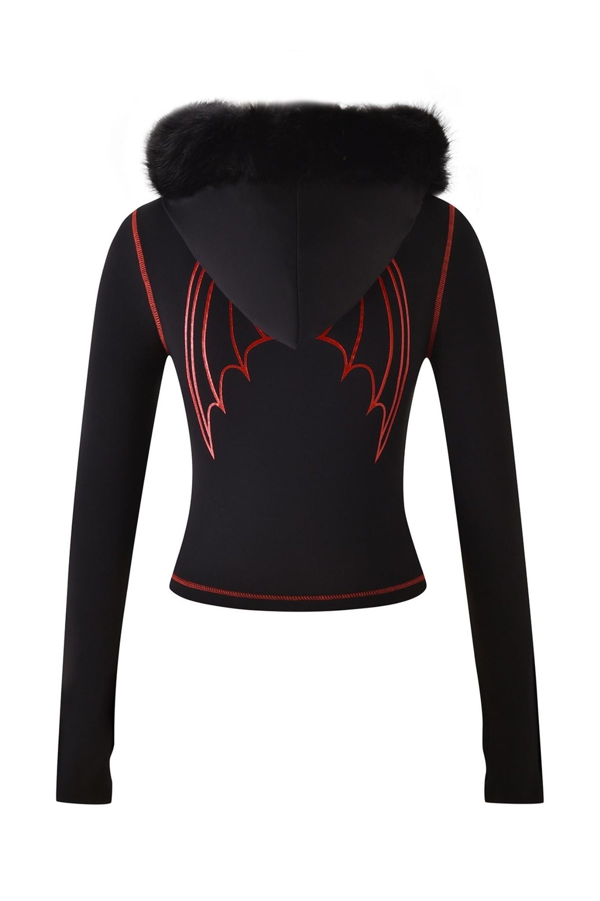 The I.AM.GIA BLARE FUR TRIM HOODIE - BLACK features a fitted silhouette with a faux fur-lined hood and bold red bat wing designs on the back, displayed against a white background.