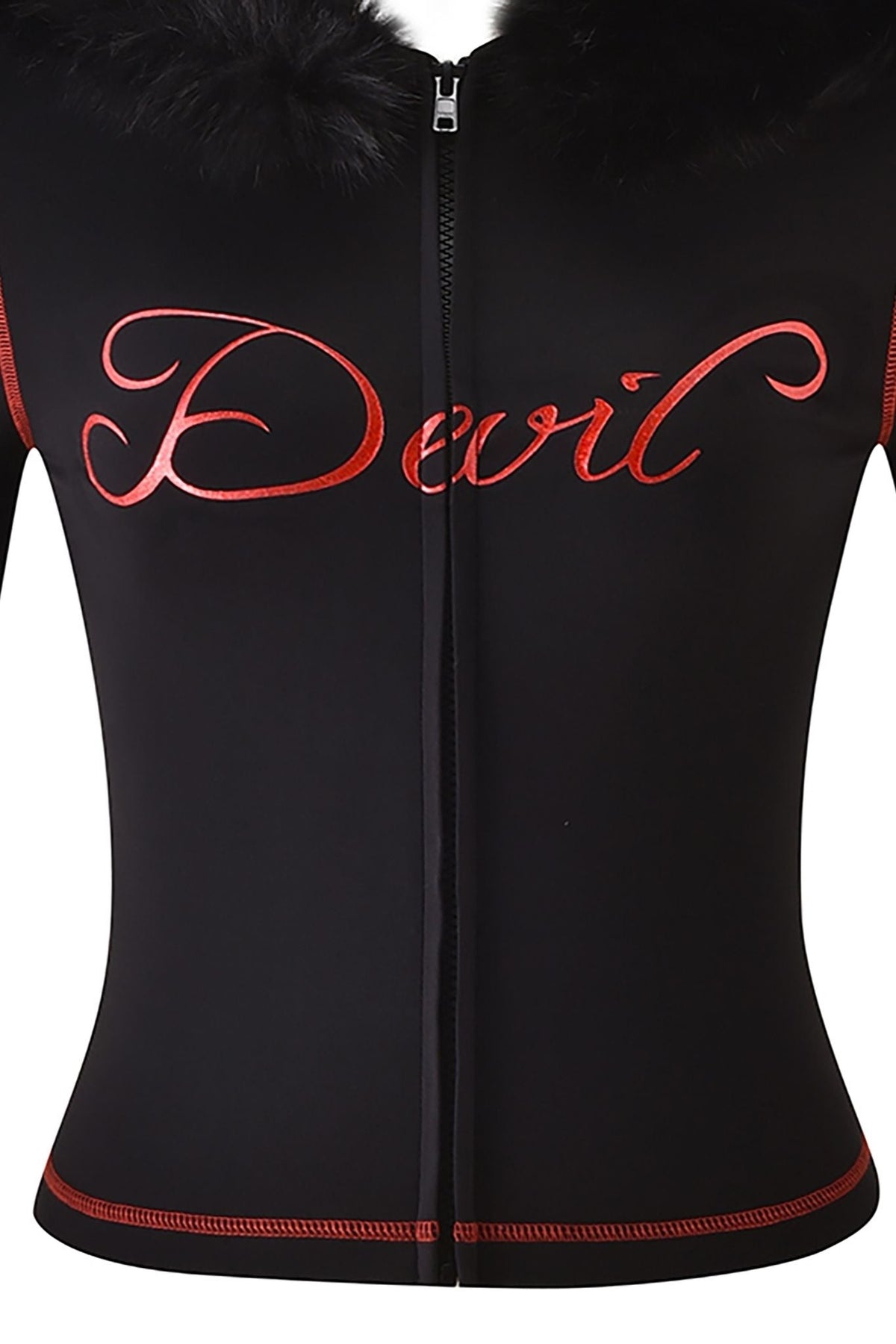 The I.AM.GIA BLARE FUR TRIM HOODIE - BLACK features a bold red cursive “Devil” graphic across the chest, a cozy faux fur collar, and striking red trim for an edgy addition to your wardrobe.