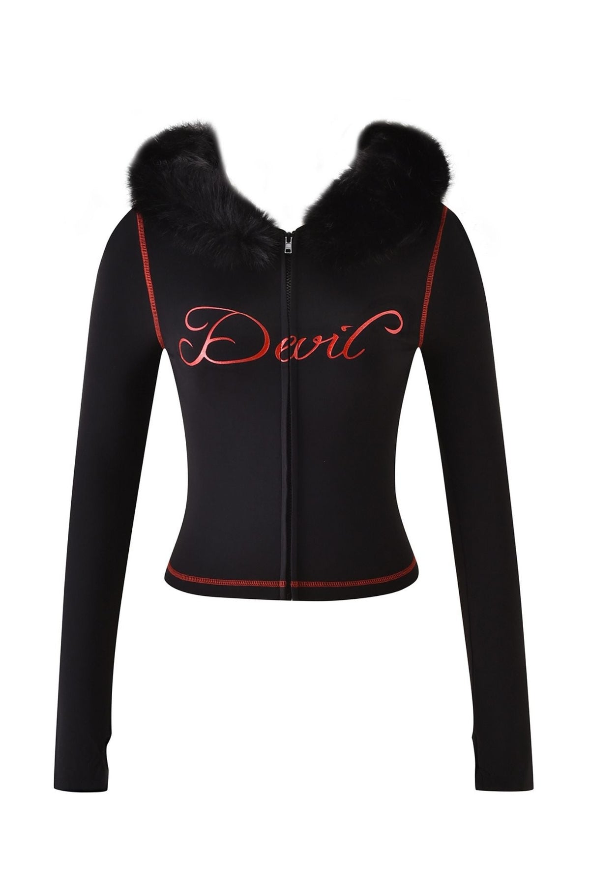 The BLARE FUR TRIM HOODIE - BLACK by I.AM.GIA features a black zip-up design with a faux fur collar, long sleeves, and bold red “Devil” script across the chest. Red stitching highlights the neckline, cuffs, and hem, adding striking detail to this devil-themed hoodie. Shown against a plain white background.