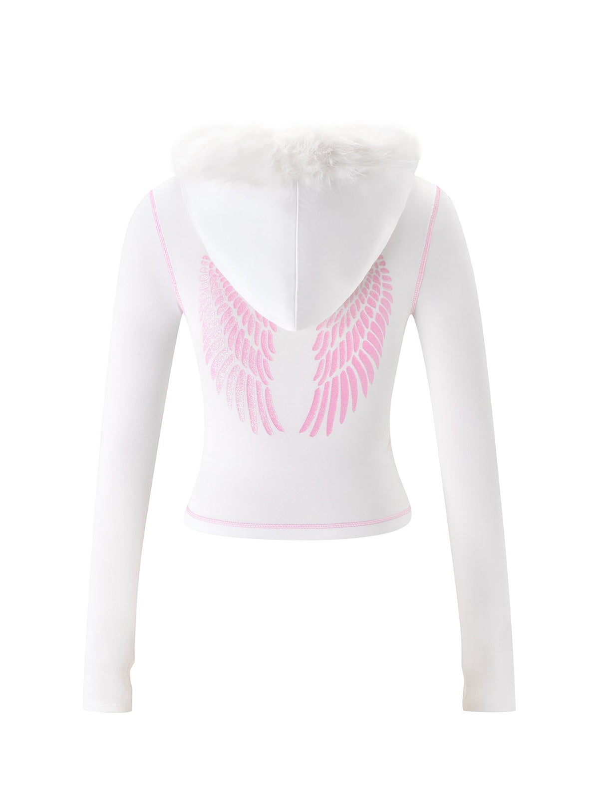 The BLARE FUR TRIM HOODIE - WHITE by I.AM.GIA features long sleeves, a fluffy fur-trimmed hood, and a pink angel wing print on the back, showcased against a plain background.