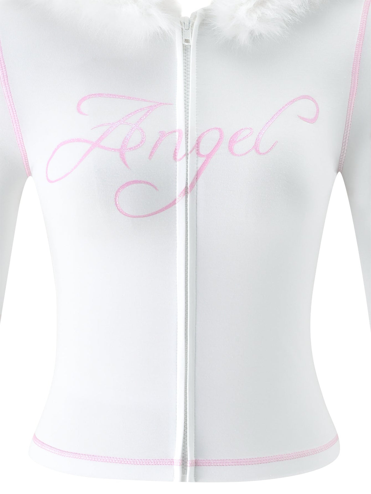 The BLARE FUR TRIM HOODIE - WHITE by I.AM.GIA features a white zip-up design with “Angel” in pink script across the chest, accented by pink seam details and a plush white collar for a dreamy, playful look.
