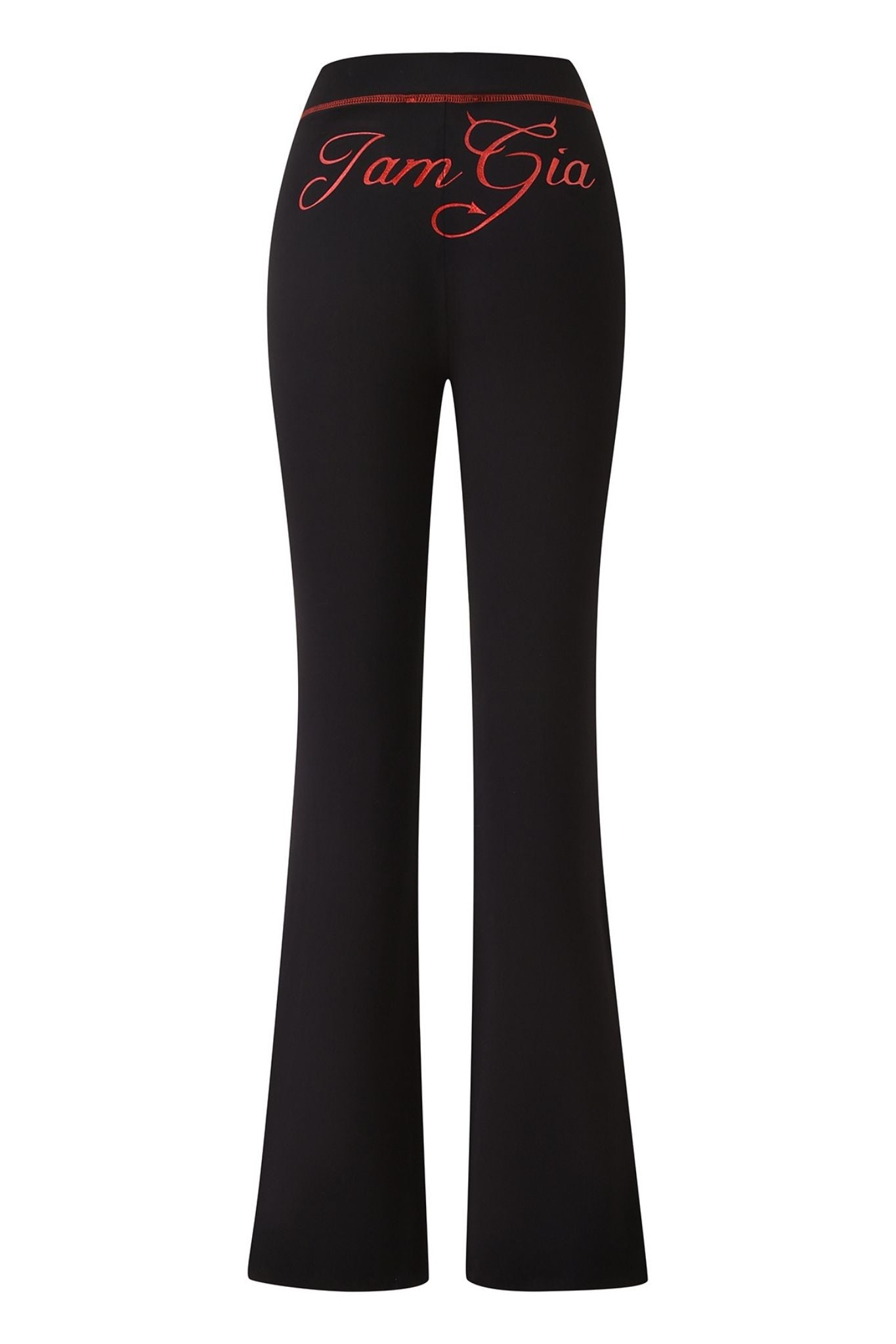 Crafted from soft bamboo fabric, the BLARE TRACKPANT - JET BLACK : DEVIL by I.AM.GIA features a flared silhouette viewed from the back, with bold “I.AM.GIA” lettering in large, cursive red script across the waistband and upper hip. These trackpants are finished with the signature black devil GIA logo for an edgy touch.
