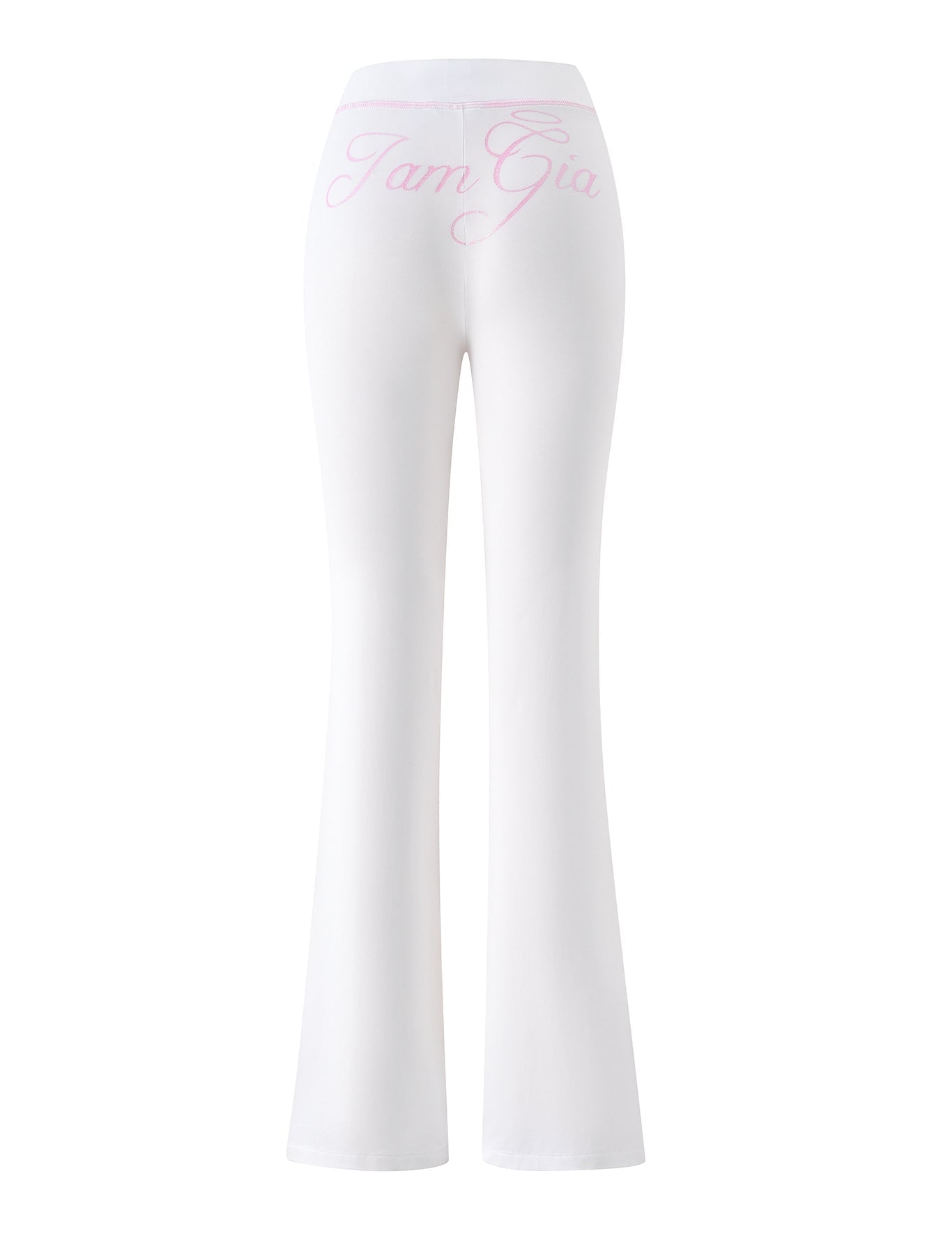 The BLARE TRACKPANT - WHITE : ANGEL by I.AM.GIA features a flared leg design shown from the back, with “I.AM.GIA” written in pink script across the low-rise waistband.