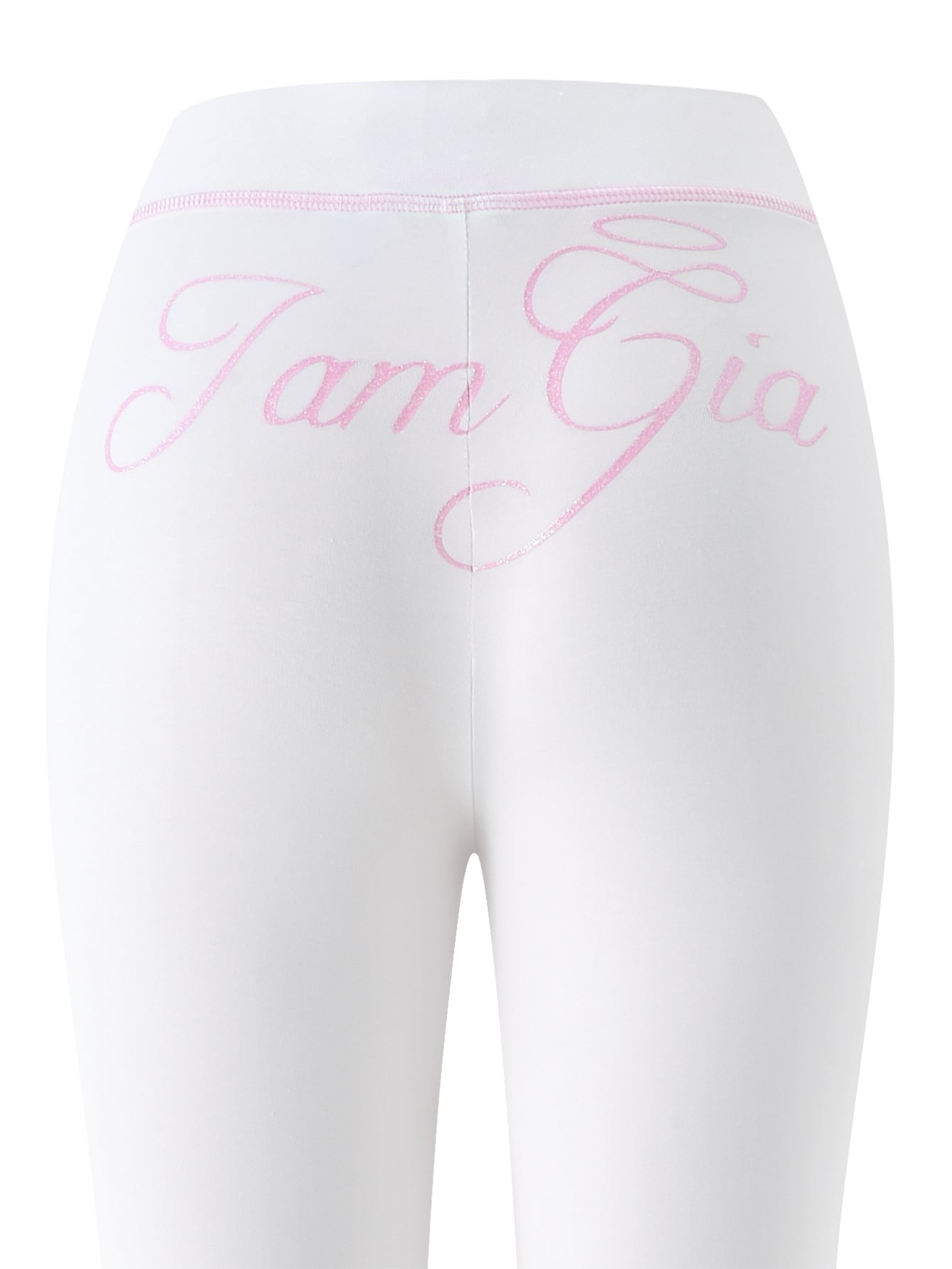 Back view of the I.AM.GIA BLARE TRACKPANT - WHITE : ANGEL, featuring a low-rise waist and “IamGia” in pink cursive across the waistband, embodying the effortless flair of flared leg pants.