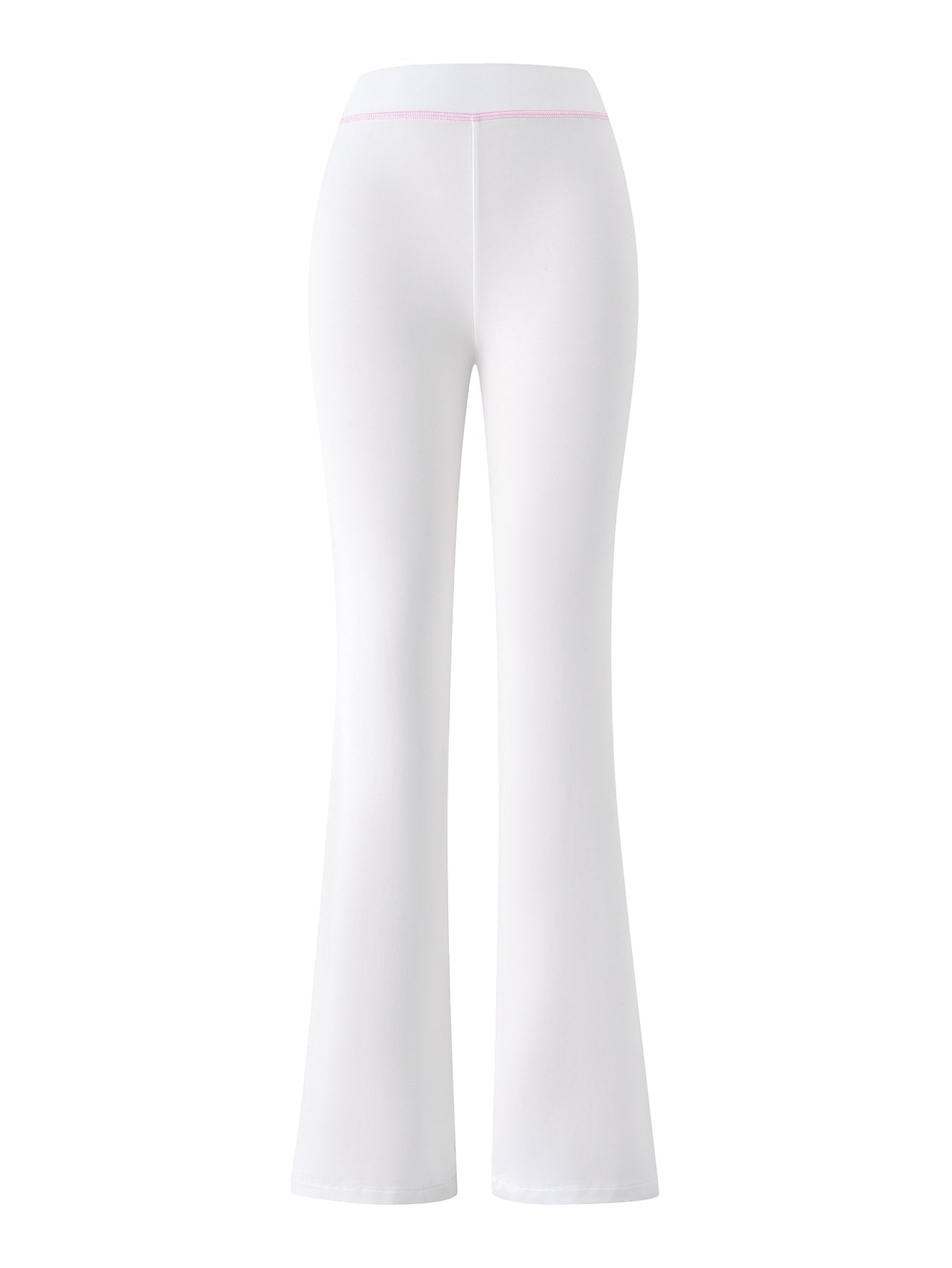 BLARE TRACKPANT - WHITE : ANGEL by I.AM.GIA, high-waisted white flared leg pants featuring a subtle pink waistband accent, shown from the back against a plain white background.