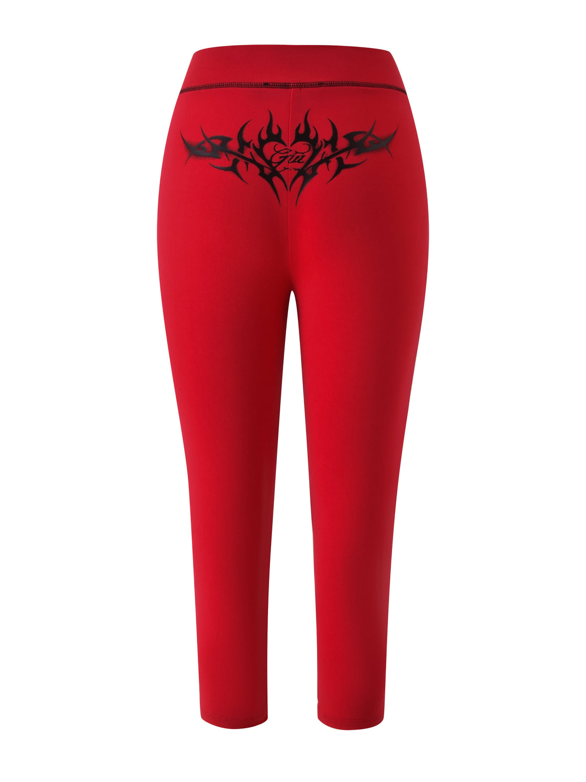T-REX SPRAY BODY BLARE CAPRI - RED by I.AM.GIA features a black tribal bikini body print on the back waistband and upper hips, crafted from soft bamboo fabric, shown against a white background.