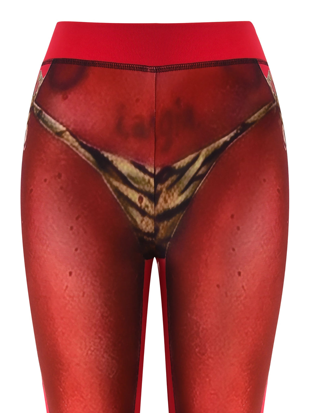 The T-REX SPRAY BODY BLARE CAPRI - RED by I.AM.GIA features a bikini body print with vibrant hues and skin tones on soft bamboo fabric for an optical illusion look.