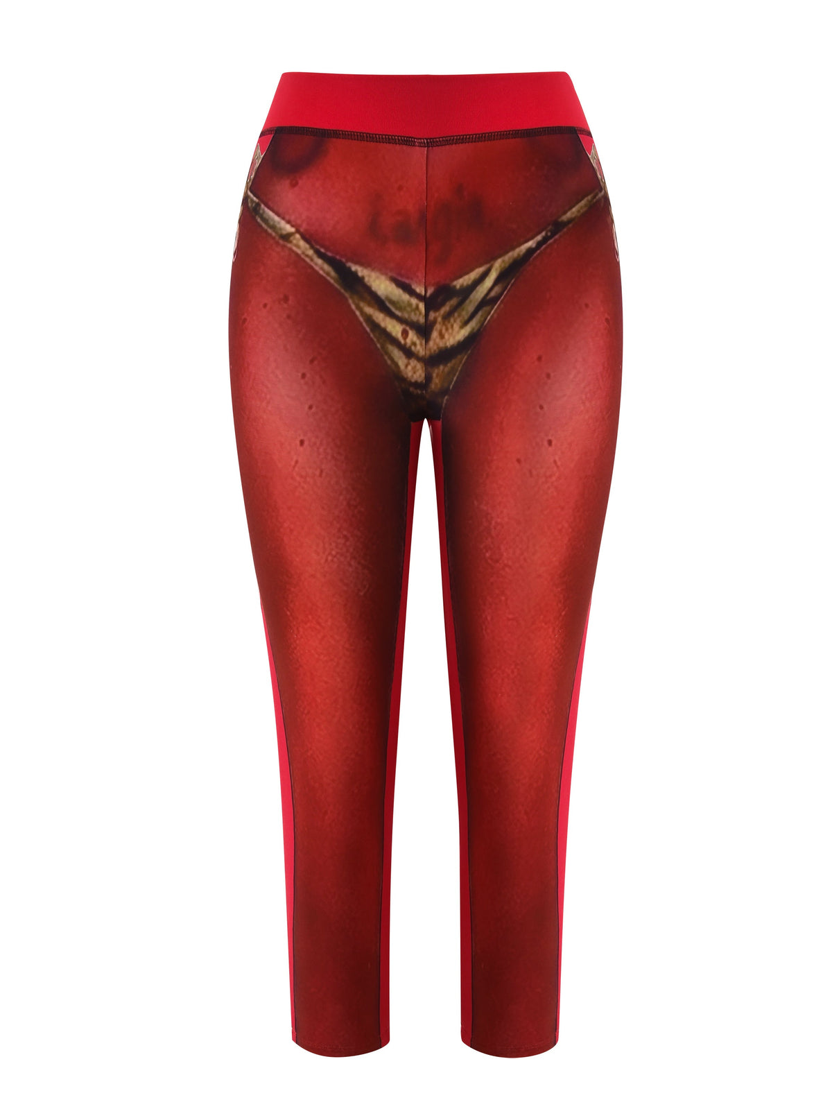 T-REX SPRAY BODY BLARE CAPRI - RED by I.AM.GIA features a bold photorealistic print of a woman’s lower torso with a gold bikini bottom, creating a playful trompe-l’oeil effect.
