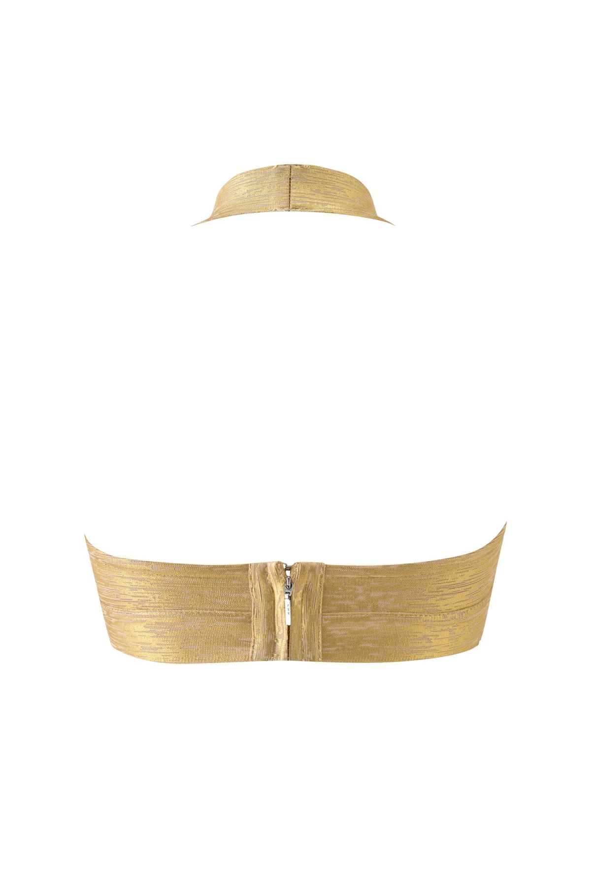 EVA PLATINUM BANDAGE BRALETTE TOP - GOLD metallic bandage-style halter bralette with a center back zipper closure.