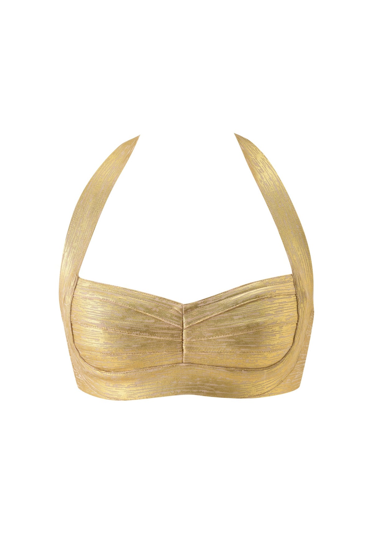 EVA PLATINUM BANDAGE BRALETTE TOP - GOLD, a metallic bralette with a sweetheart neckline and gathered center detail.