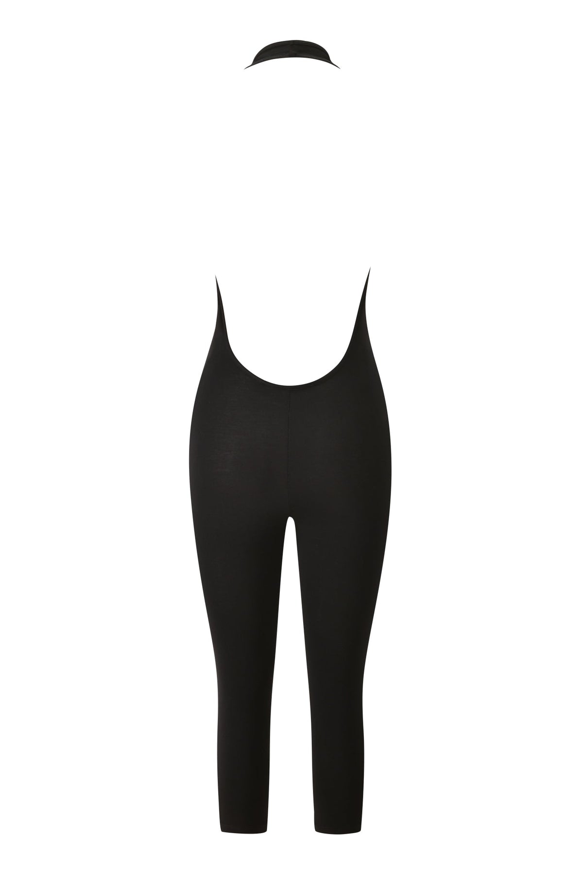Black BLARE HALTER CAPRI JUMPSUIT in soft fabric with a halter-neck and an open back.