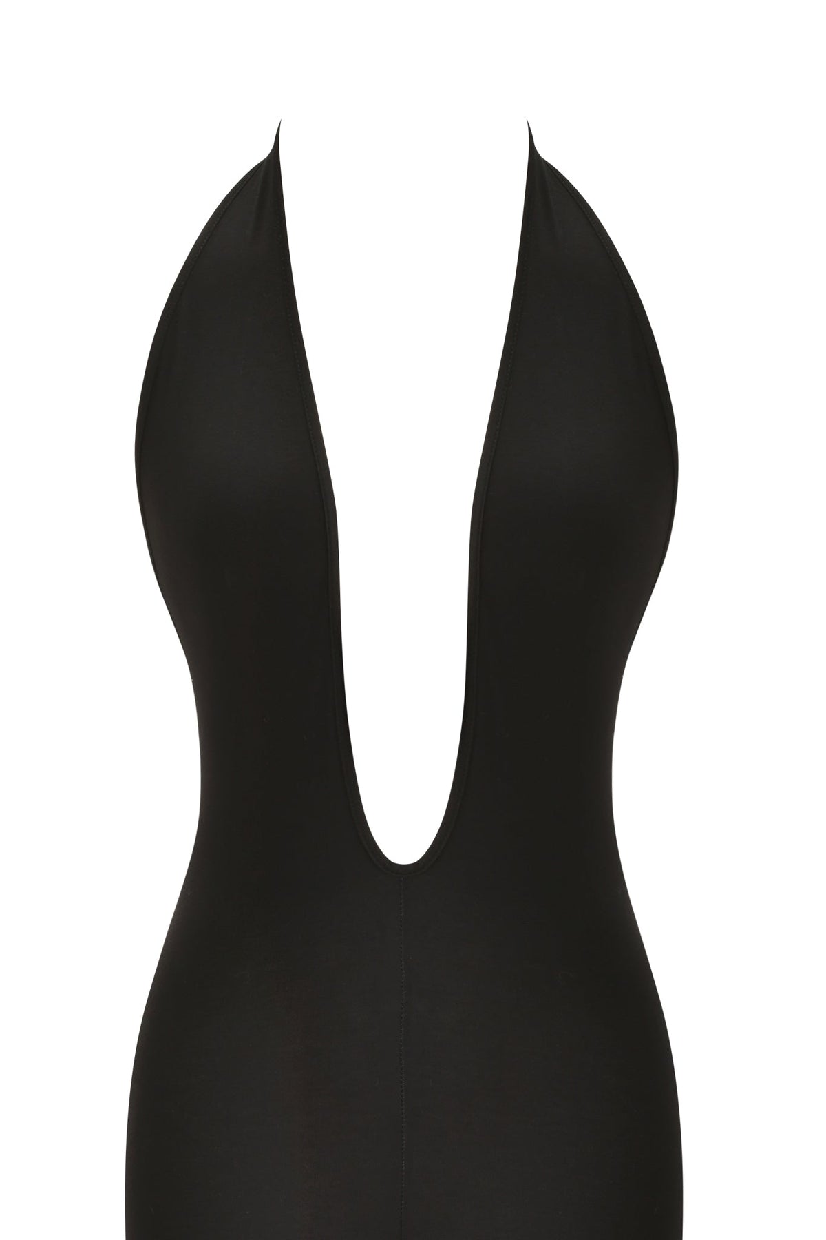 Black BLARE HALTER CAPRI JUMPSUIT in super-soft fabric with a deep, plunging neckline.