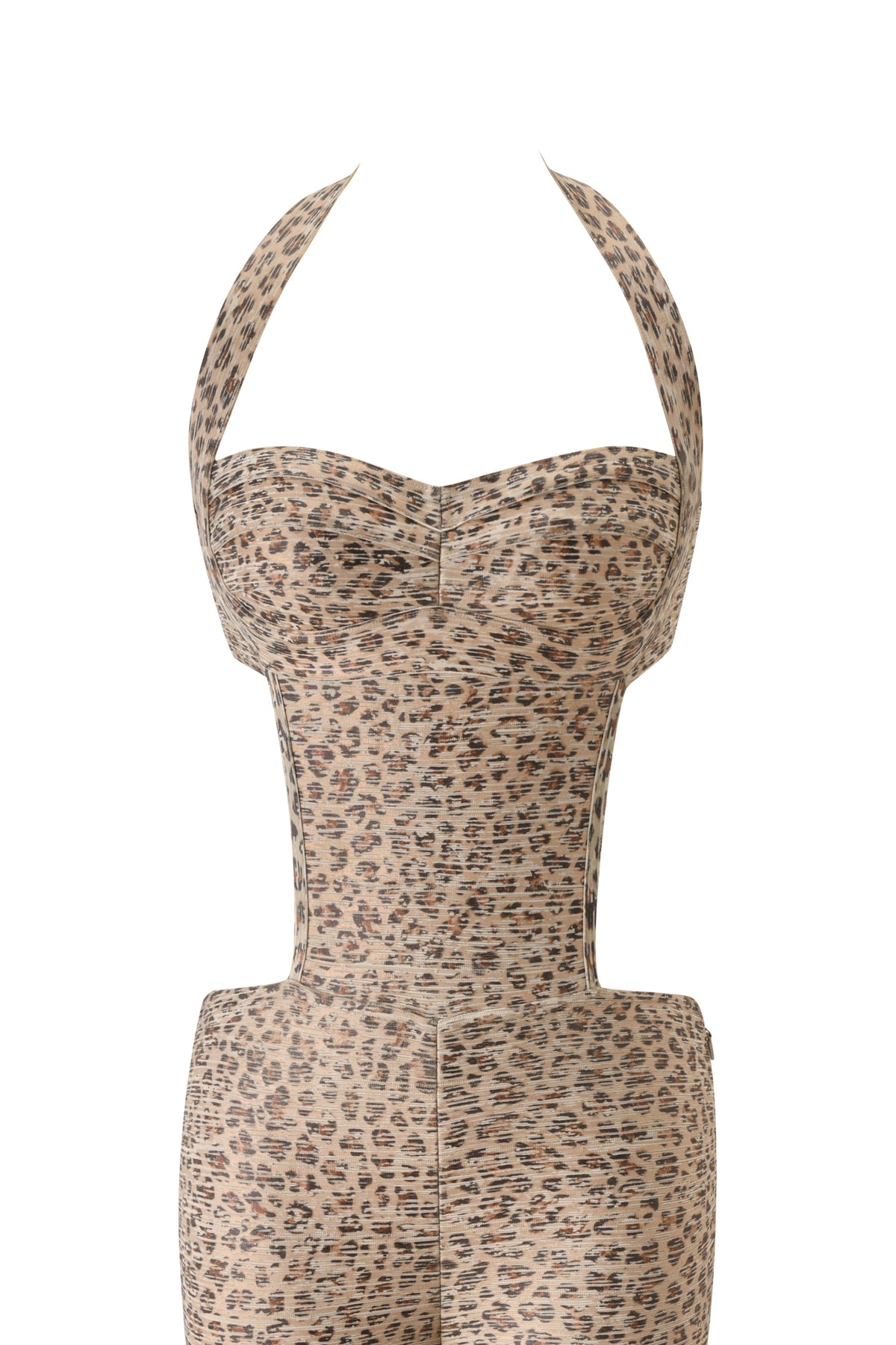 The EVA BANDAGE CAPRI JUMPSUIT - LEOPARD ANIMAL FOIL by I.AM.GIA is a sleeveless, bodycon halter jumpsuit with a brown and black leopard print, shown on a plain white background.