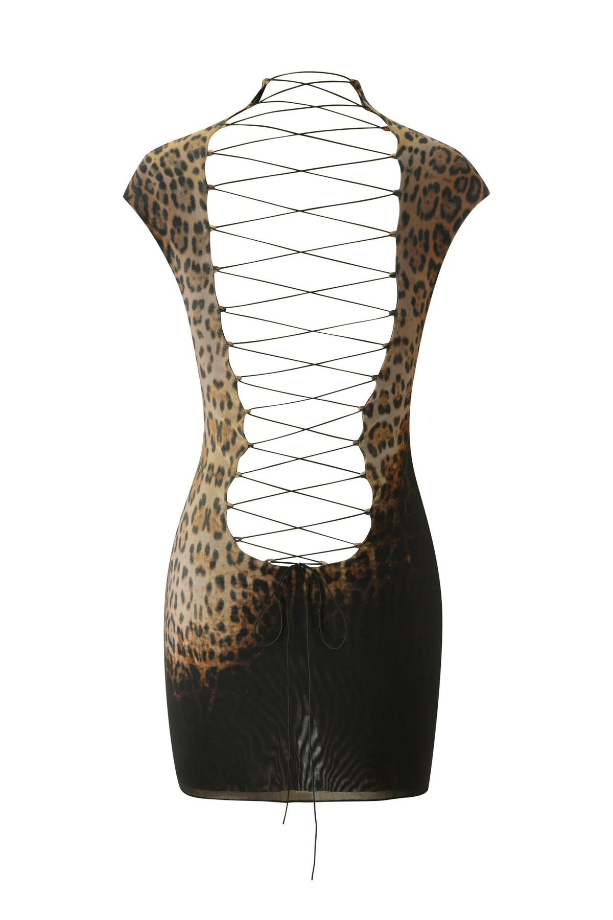 Showcasing a striking silhouette, the I.AM.GIA ZOYA MINI DRESS - BLACK LEOPARD features a captivating open back with crisscross lace-up detailing that runs from the neck to the lower back, creating a bold and stylish bodycon look.
