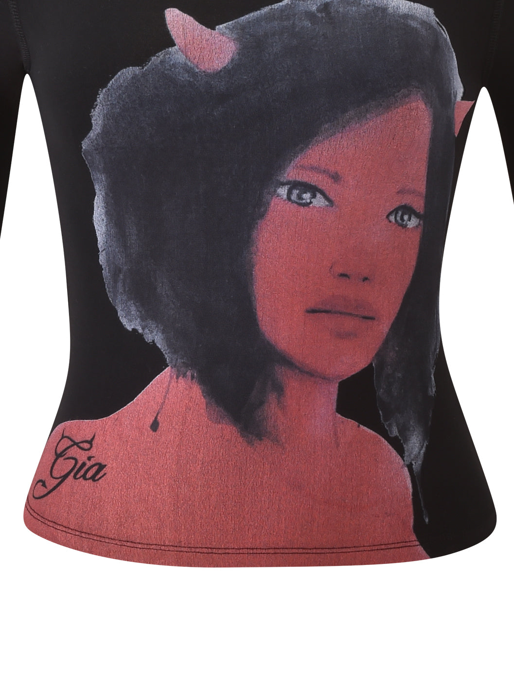 A close-up of the I.AM.GIA T-REX BLARE 2.0 LONG SLEEVE TEE - BLACK, featuring a stylized woman with short dark hair, red skin, small red horns, and “Gia” written below the image.