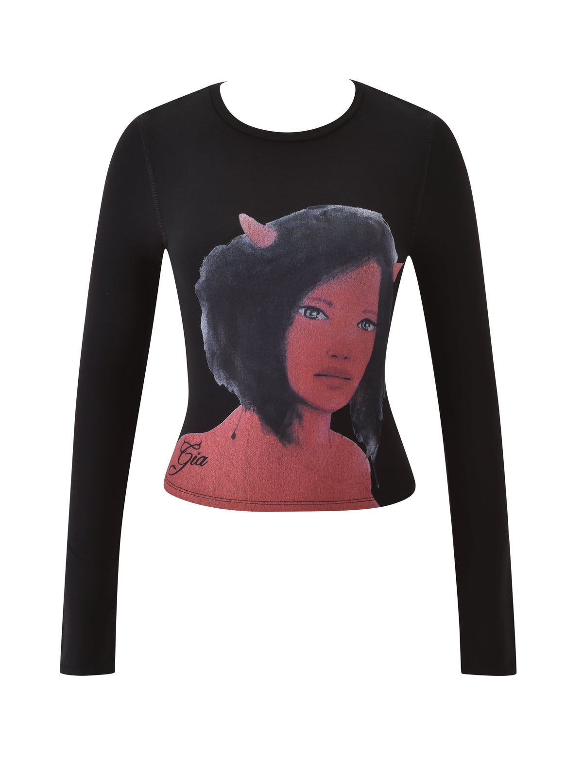 T-REX BLARE 2.0 LONG SLEEVE TEE - BLACK by I.AM.GIA features a striking graphic of a black-haired woman with red horns, pink and black artwork, and “Gia” signed at the bottom left.