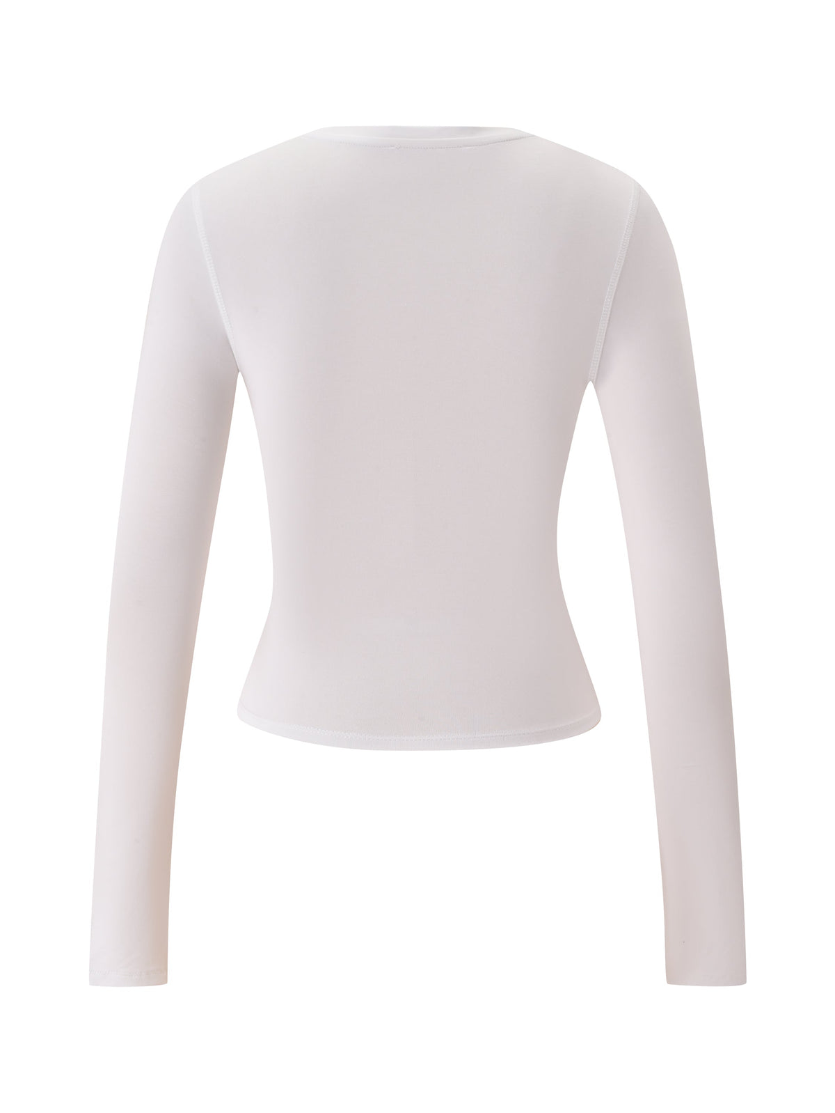 Back view of the I.AM.GIA T-REX BLARE 2.0 LONG SLEEVE TEE - WHITE, featuring a round neckline and slightly sheer, smooth white fabric with no visible branding or angel girl artwork.