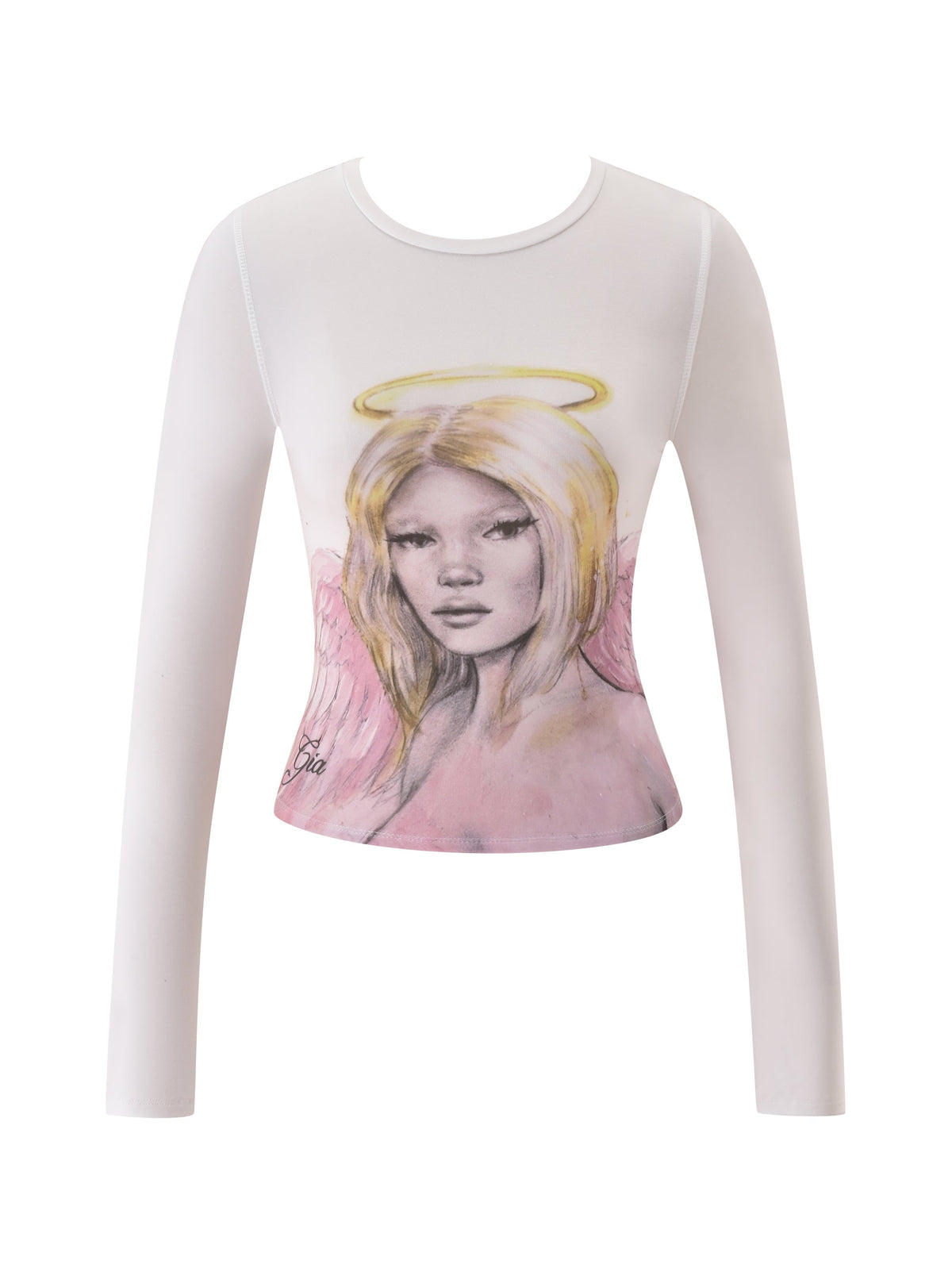 The T-REX BLARE 2.0 LONG SLEEVE TEE - WHITE by I.AM.GIA features a white long sleeve design with angel girl artwork—a blonde woman with a halo and pink wings on the front.