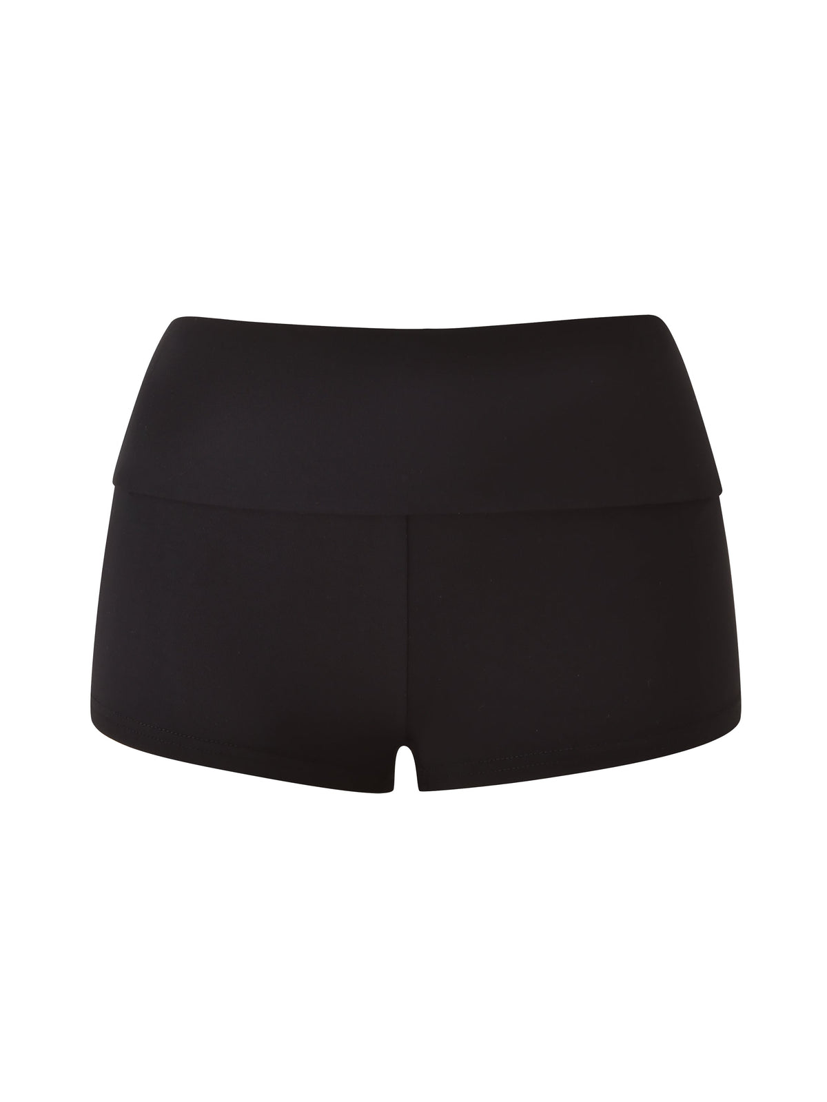 The T-REX BLARE 2.0 SHORT - BLACK by I.AM.GIA features a black micro mini design with a wide foldover waistband and a subtle tribal GIA logo, displayed against a white background.