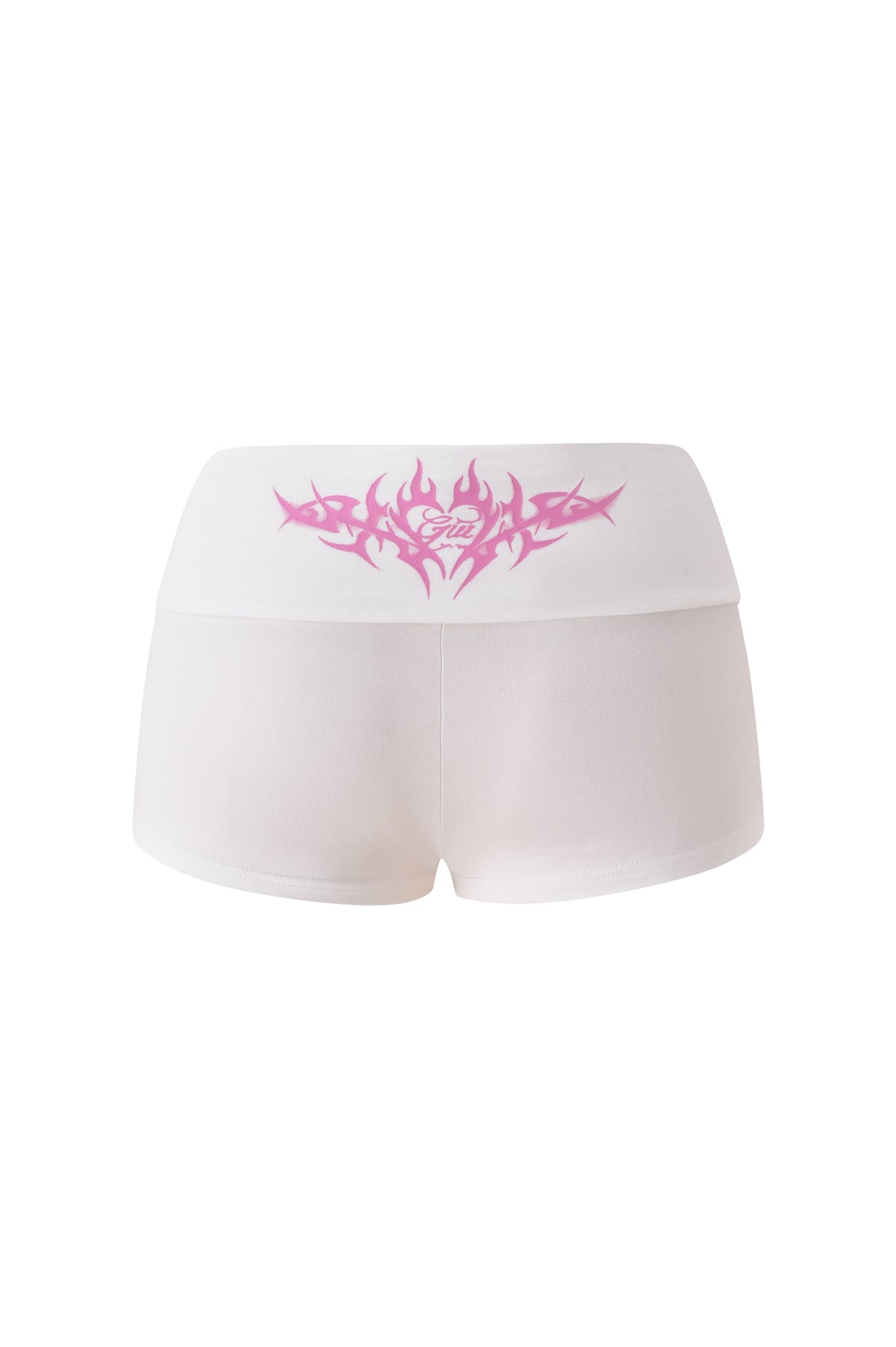 I.AM.GIA T-REX BLARE 2.0 SHORT - WHITE features a wide foldover waistband, pink tribal-style graphic on the back, and “Goddess” printed on the waistband.