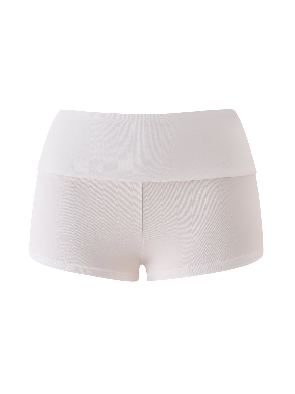The I.AM.GIA T-REX BLARE 2.0 SHORT - WHITE is a high-waisted micro mini short with a wide foldover waistband and subtle brand print, shown against a white background.