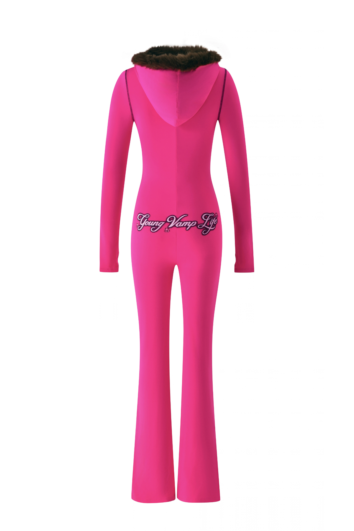 Back view of a bright pink YVL BLARE FUR LINED JUMPSUIT, a faux fur hooded jumpsuit with “Young Vamp Life” across the lower back.