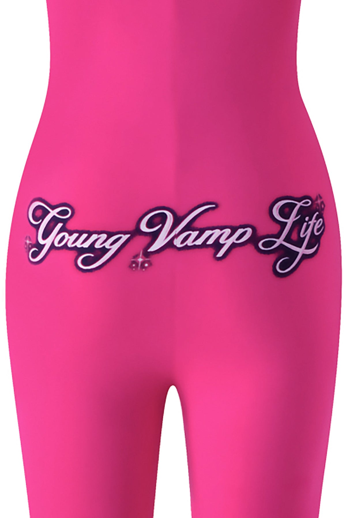 Close-up of a pink YVL BLARE FUR LINED JUMPSUIT with “Young Vamp Life” printed across the center in stylized dark lettering.