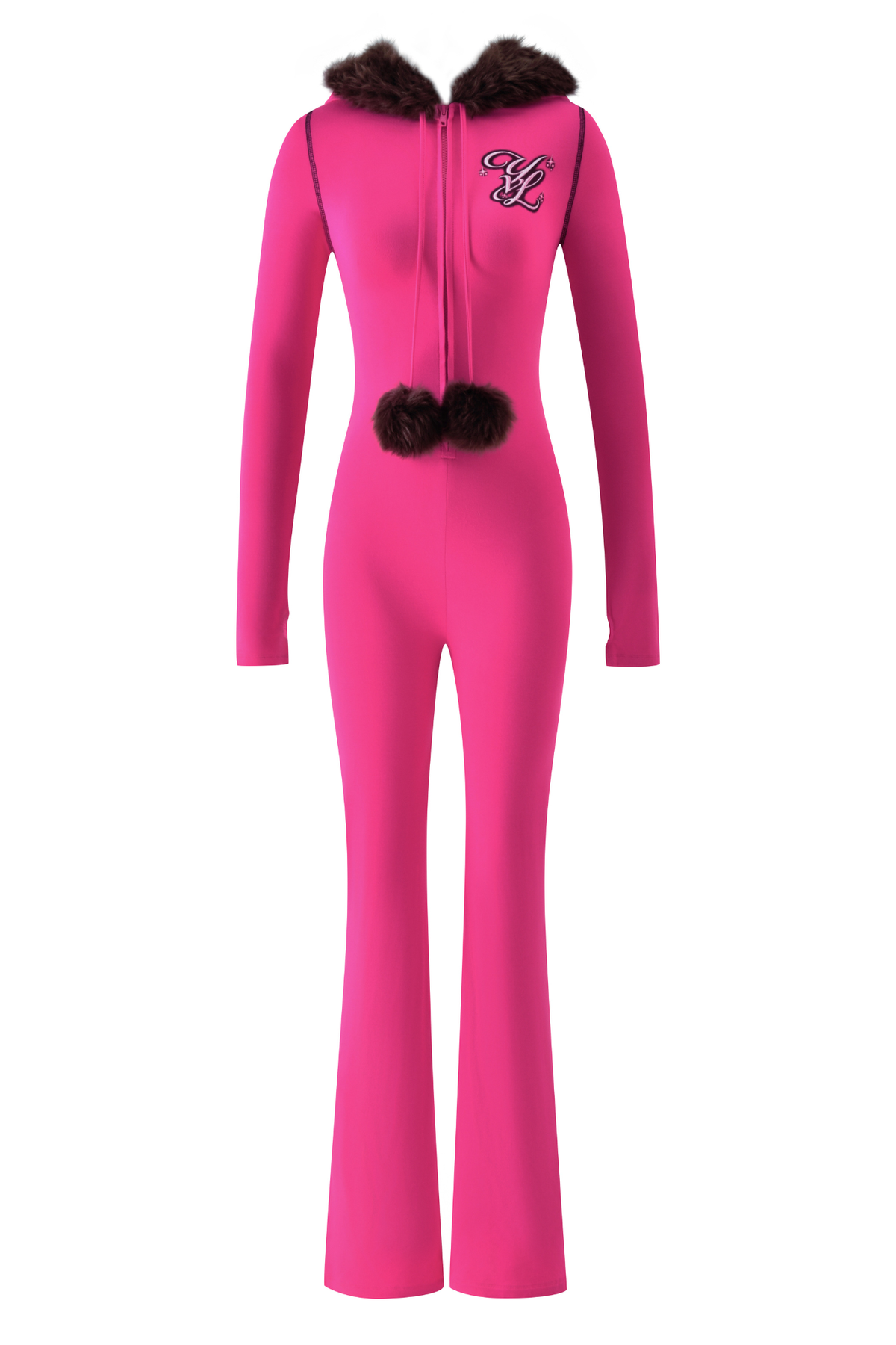 Hot pink I.AM.GIA YVL BLARE FUR LINED JUMPSUIT - PINK featuring a long-sleeve design, a faux fur-lined hood, two pom-poms at the neckline, and a Young Vamp Life logo emblem on the chest.