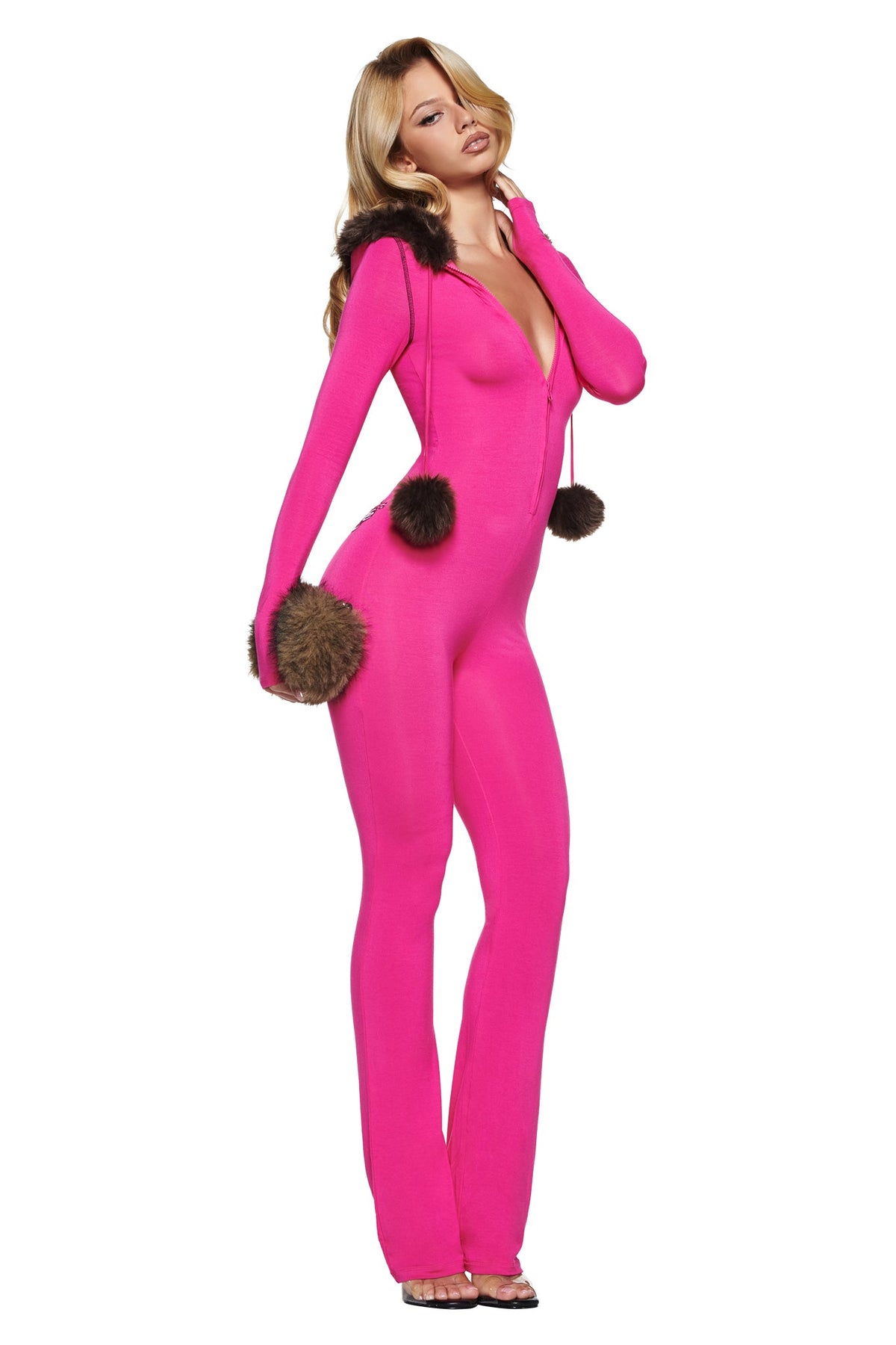 A bright pink I.AM.GIA YVL BLARE FUR LINED JUMPSUIT featuring a fur-lined hood and dangling faux fur pom-poms.