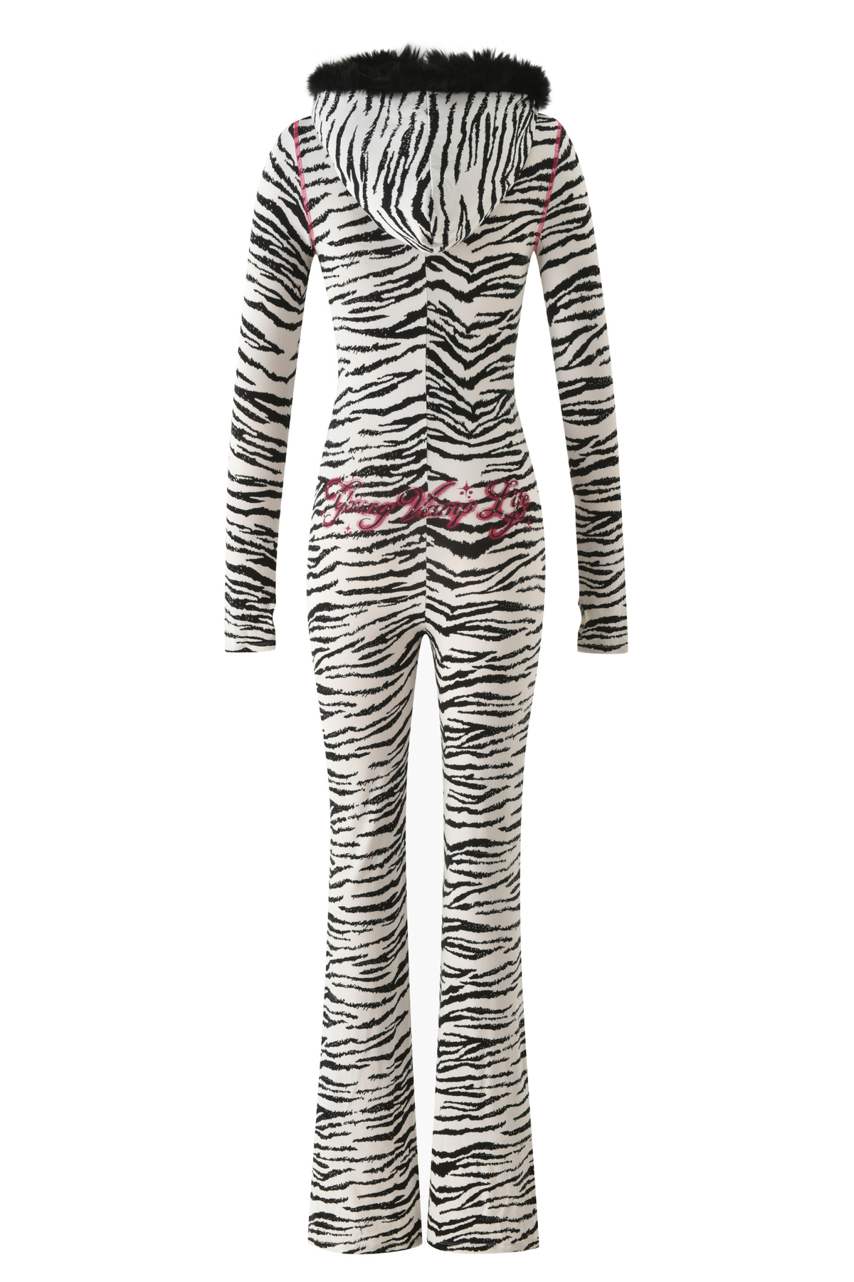 YVL BLARE FUR LINED JUMPSUIT - ZEBRA featuring long sleeves, a hood with black faux fur trim, and red embroidered lettering across the lower back.