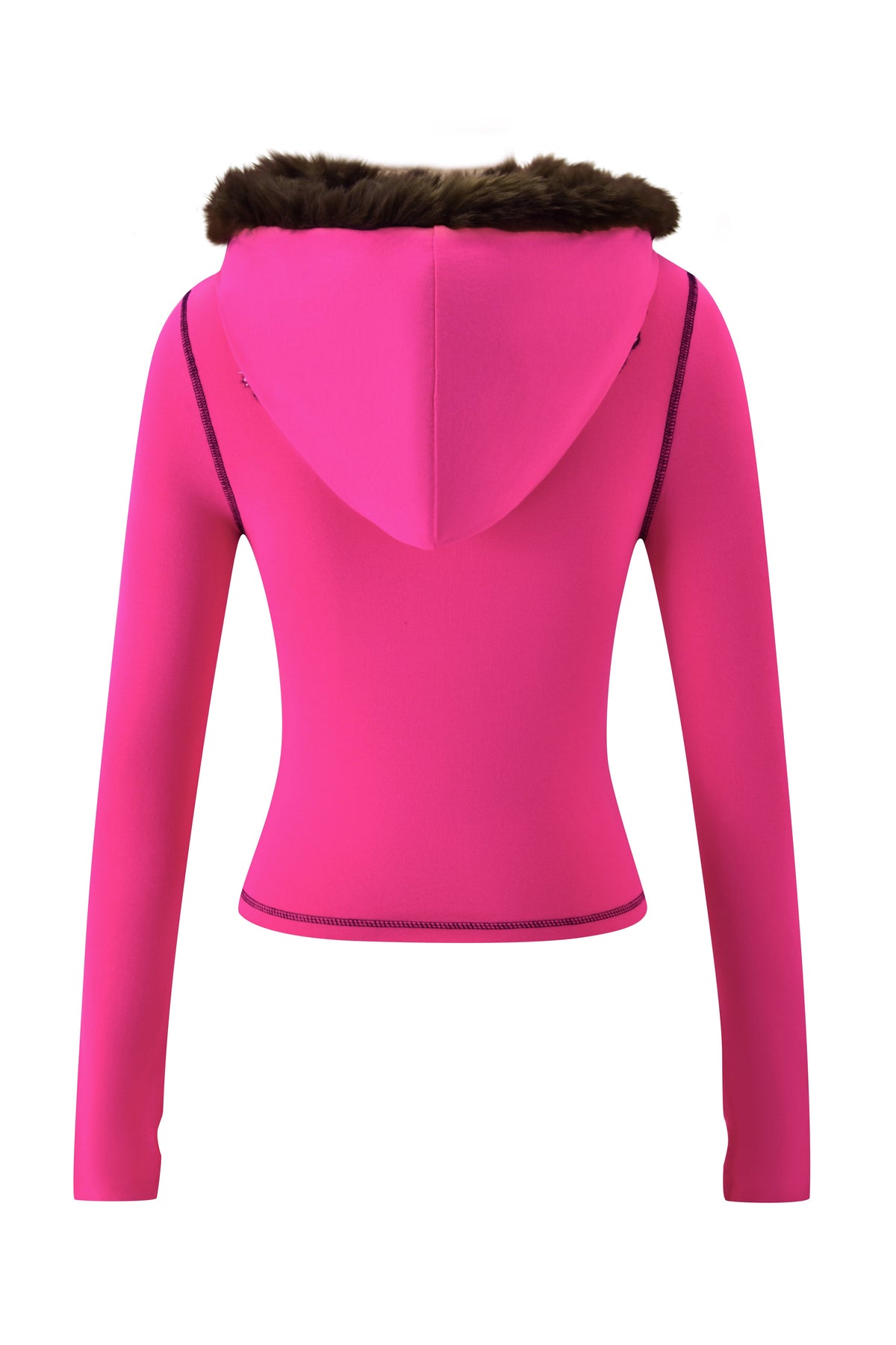 Back view of a bright pink YVL BLARE FUR LINED HOODIE featuring long sleeves and a dark brown faux fur trim on the hood.