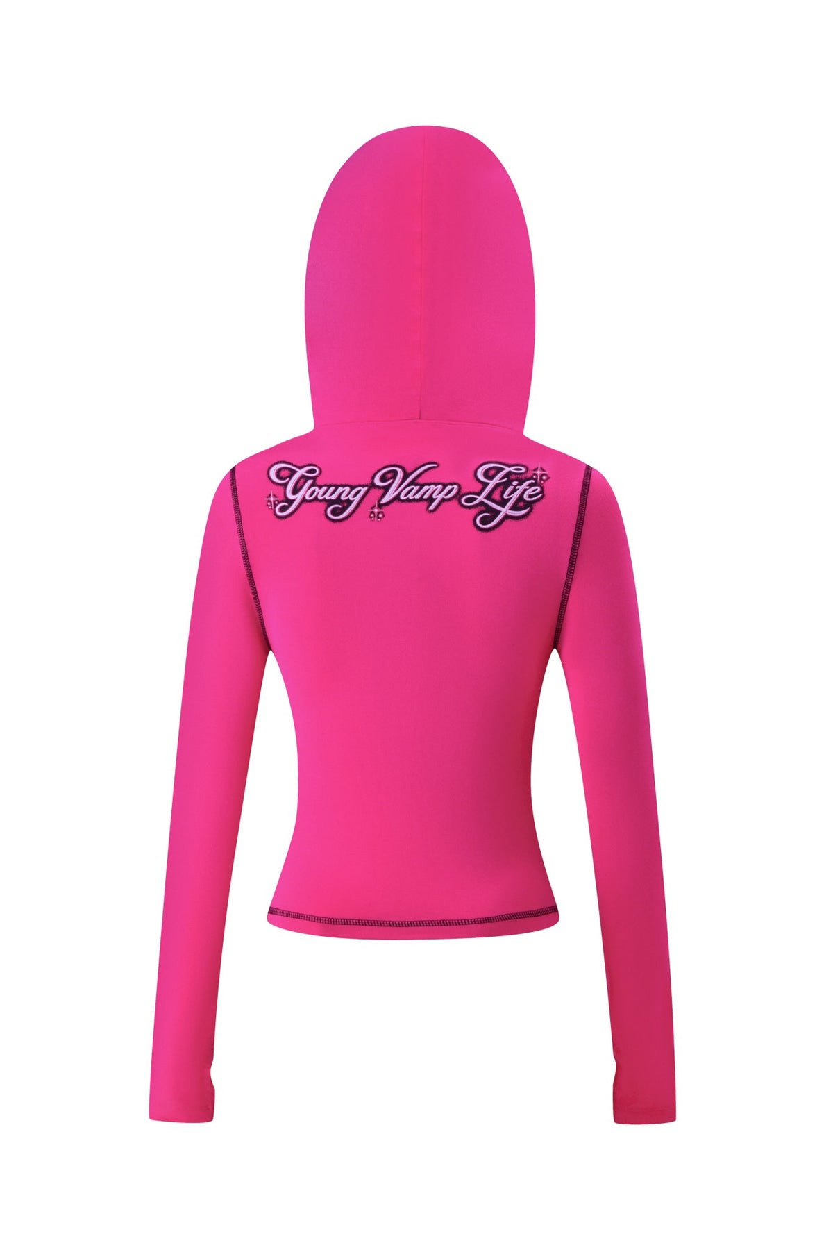 Back view of a bright pink, fitted YVL BLARE FUR LINED HOODIE in bamboo fabric with “Young Vamp Life” embroidered in black script across the upper back.