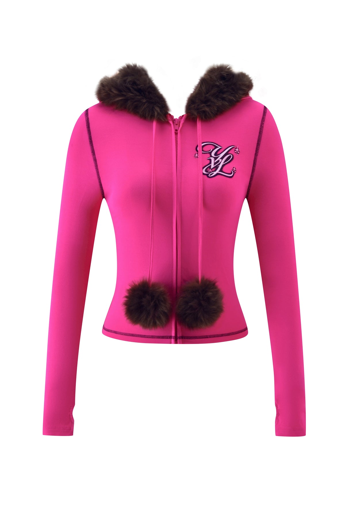 Hot pink I.AM.GIA YVL BLARE FUR LINED HOODIE featuring a brown faux fur-trimmed hood, two brown fur pom-poms on the drawstrings, and a decorative monogram logo on the chest.