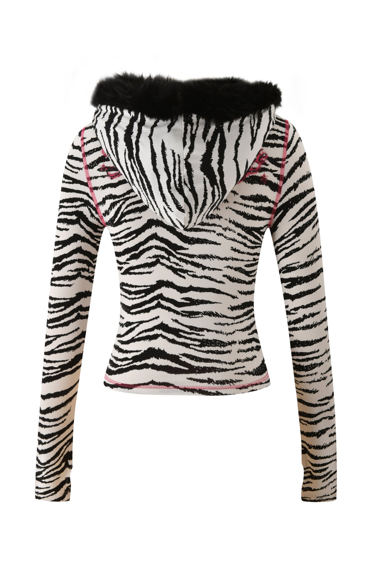 Back view of the I.AM.GIA YVL BLARE FUR LINED HOODIE - ZEBRA, featuring a zebra-print long-sleeved design with black faux-fur hood trim and exposed pink stitching.