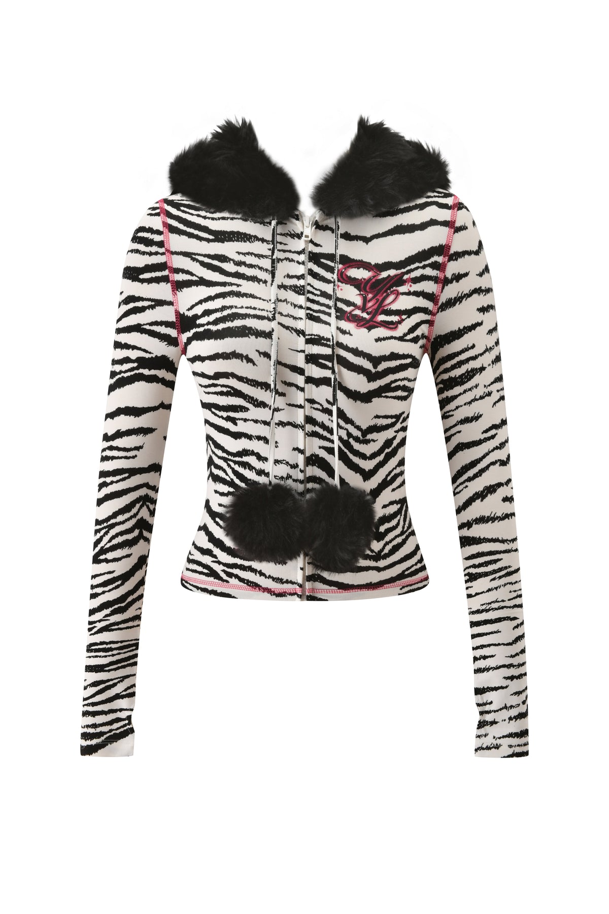 I.AM.GIA YVL BLARE FUR LINED HOODIE - ZEBRA zip-up hoodie featuring a faux-fur trimmed hood with pom-poms on the drawstring and pink stitching details.