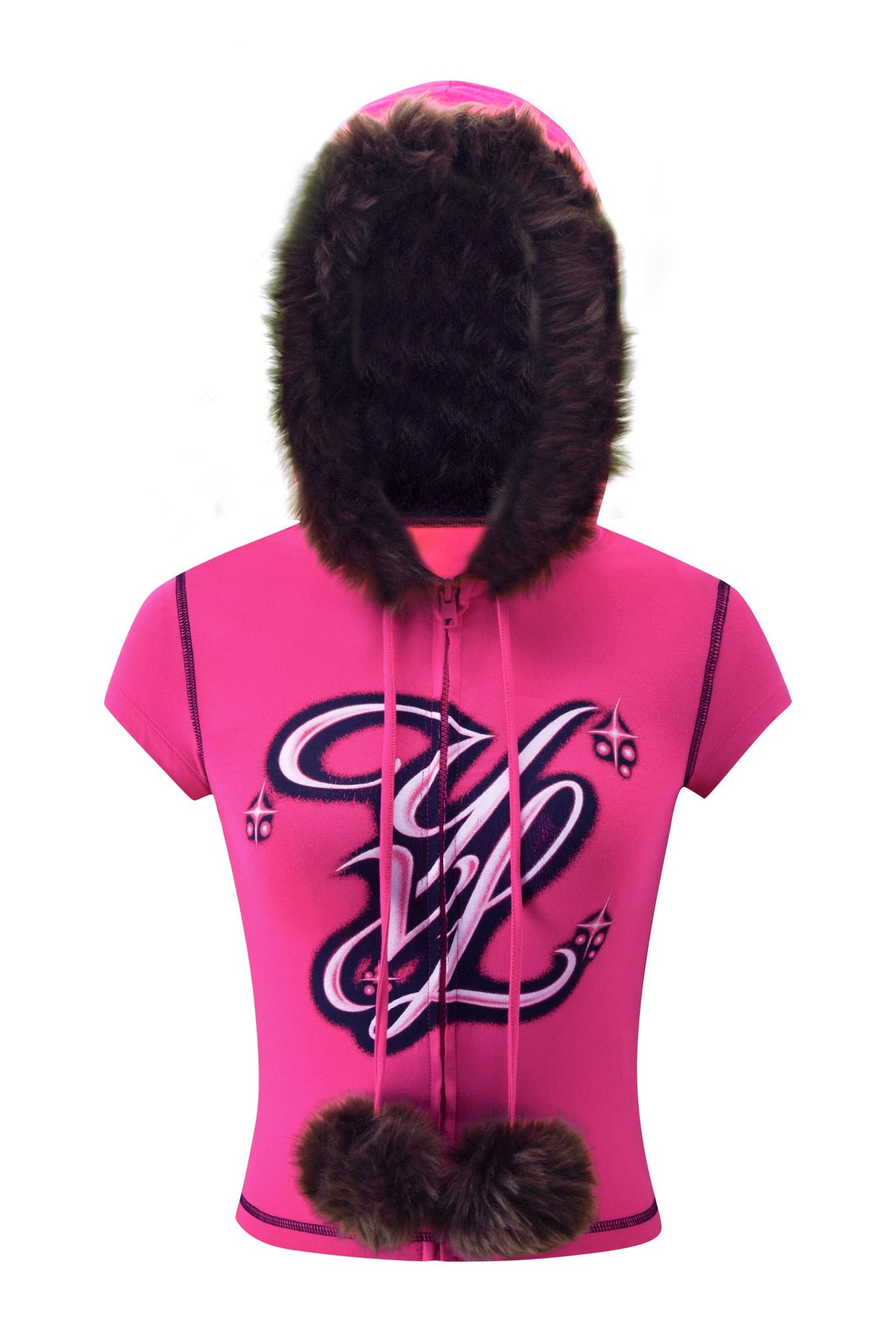 I.AM.GIA YVL BLARE FUR LINED CAP SLEEVE HOODIE - PINK in bright pink bamboo with cap sleeves, a dark faux-fur trimmed hood, a large stylized logo on the chest, and two fur pom-poms hanging from the drawstring.