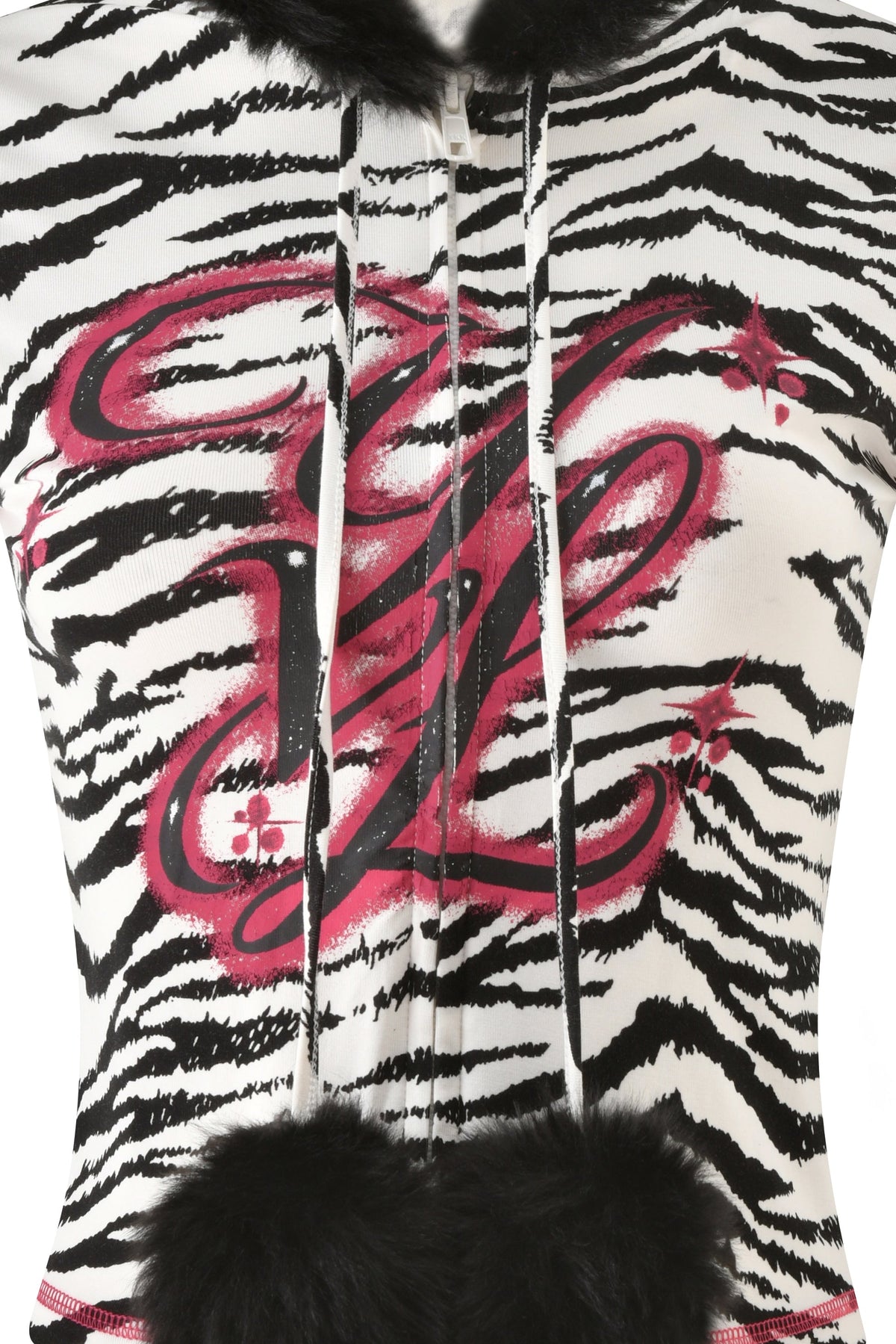 YVL BLARE FUR LINED CAP SLEEVE HOODIE - ZEBRA featuring zebra print, cap sleeves, a pink chest logo, and a black faux-fur collar with pom-pom drawstrings.