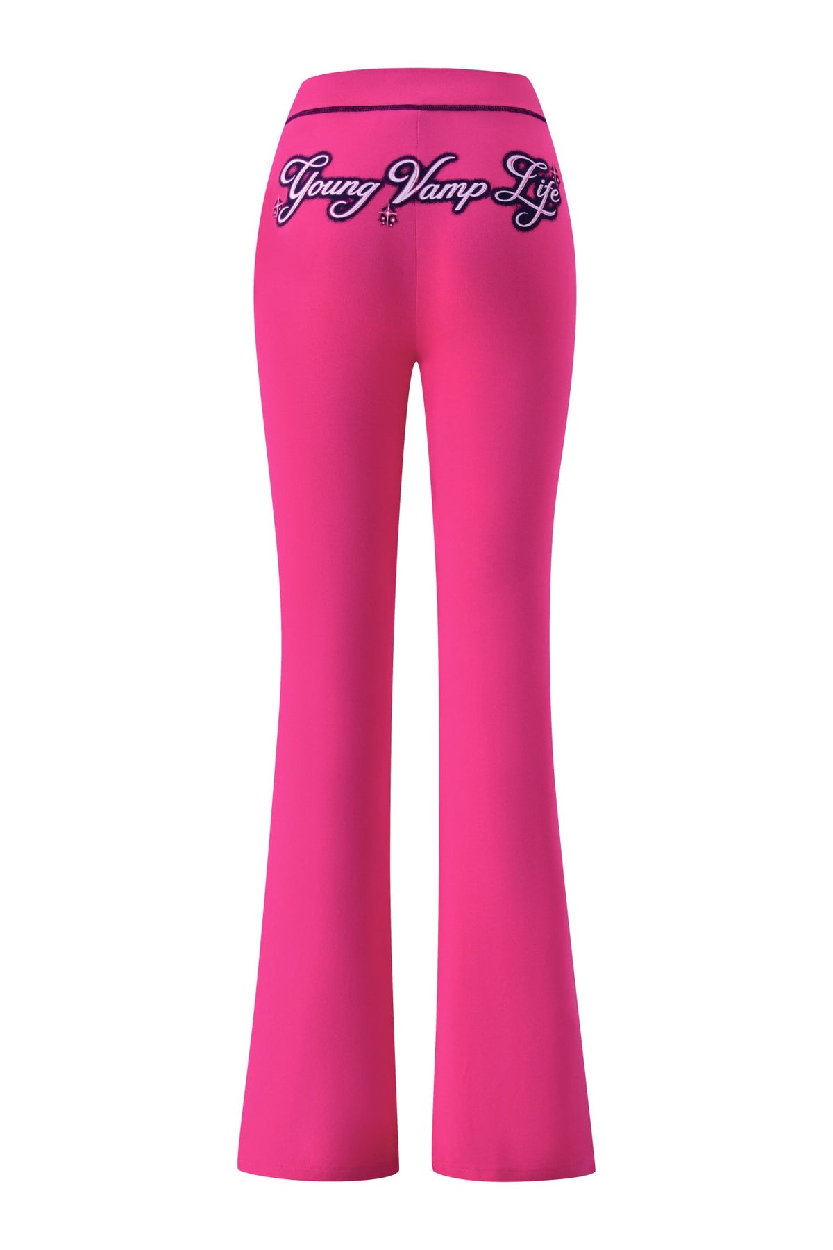 Bright pink flared bamboo YVL BLARE TRACKPANT - PINK with “Young Vamp Life” embroidered on the back waistband.