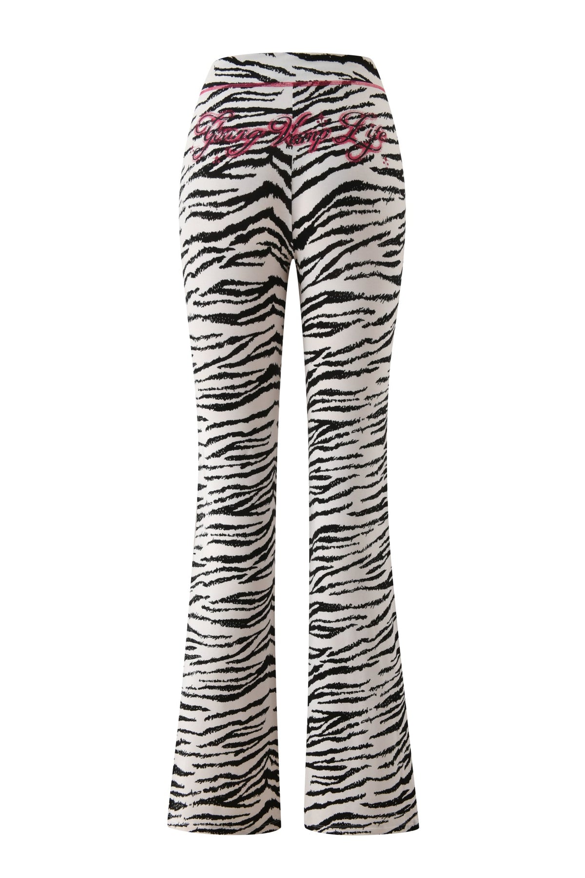 I.AM.GIA YVL BLARE TRACKPANT - ZEBRA in a black and white zebra print, featuring a fitted, flare-leg silhouette and pink embroidered script text on the back waistband.