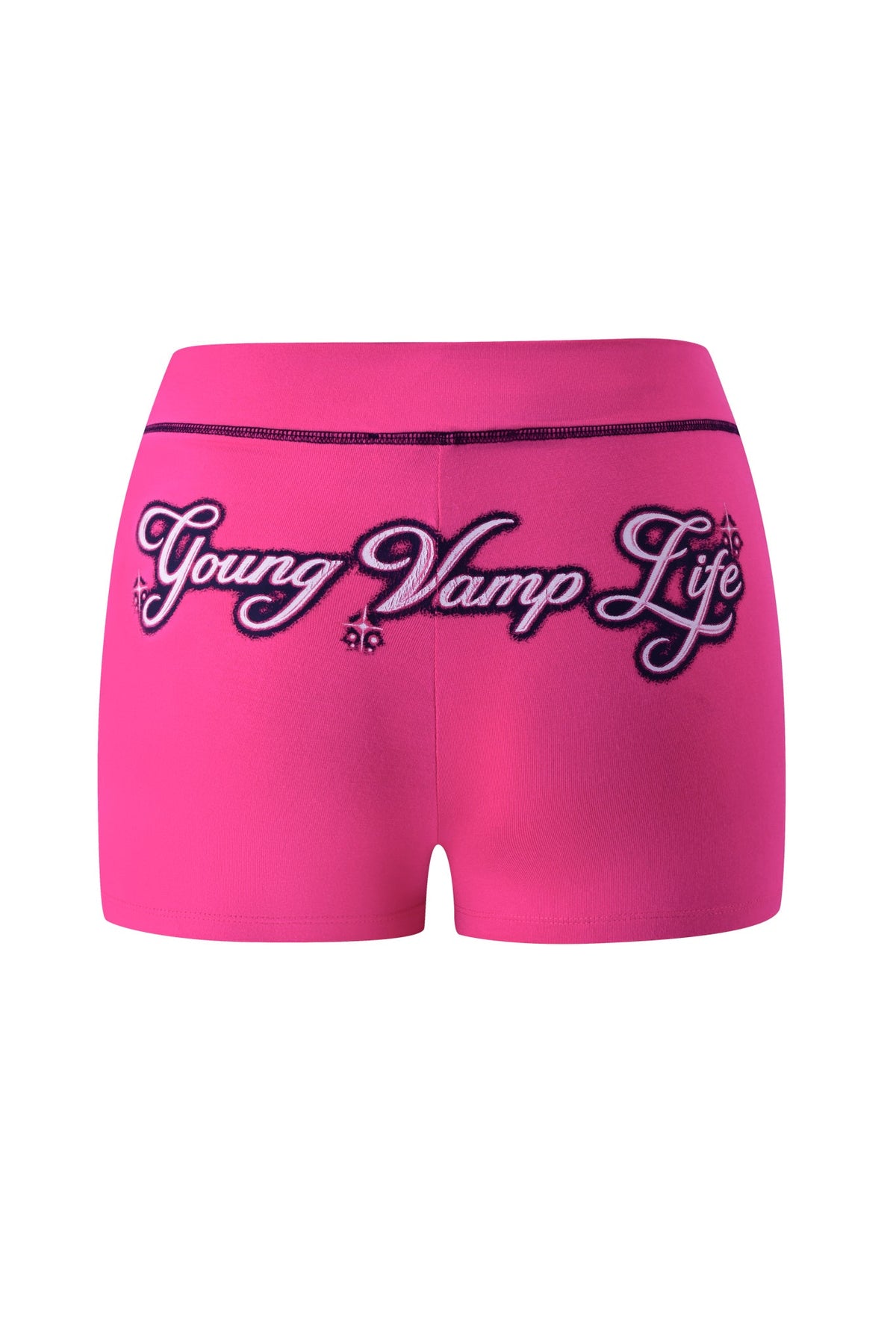 Bright pink I.AM.GIA YVL BLARE SHORT - PINK festival shorts featuring the words “Young Vamp Life” embroidered in black and white cursive on the back.