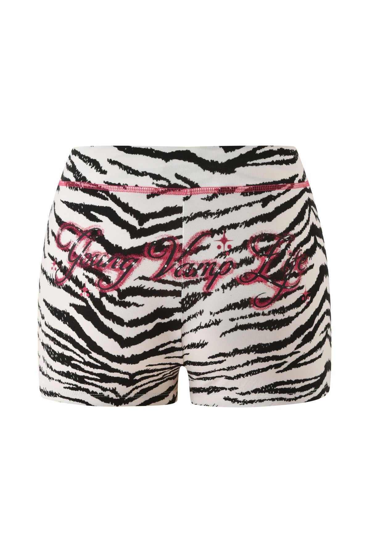 I.AM.GIA YVL BLARE SHORT - ZEBRA mini shorts featuring pink glittery “Young Vamp Life” text on the back.