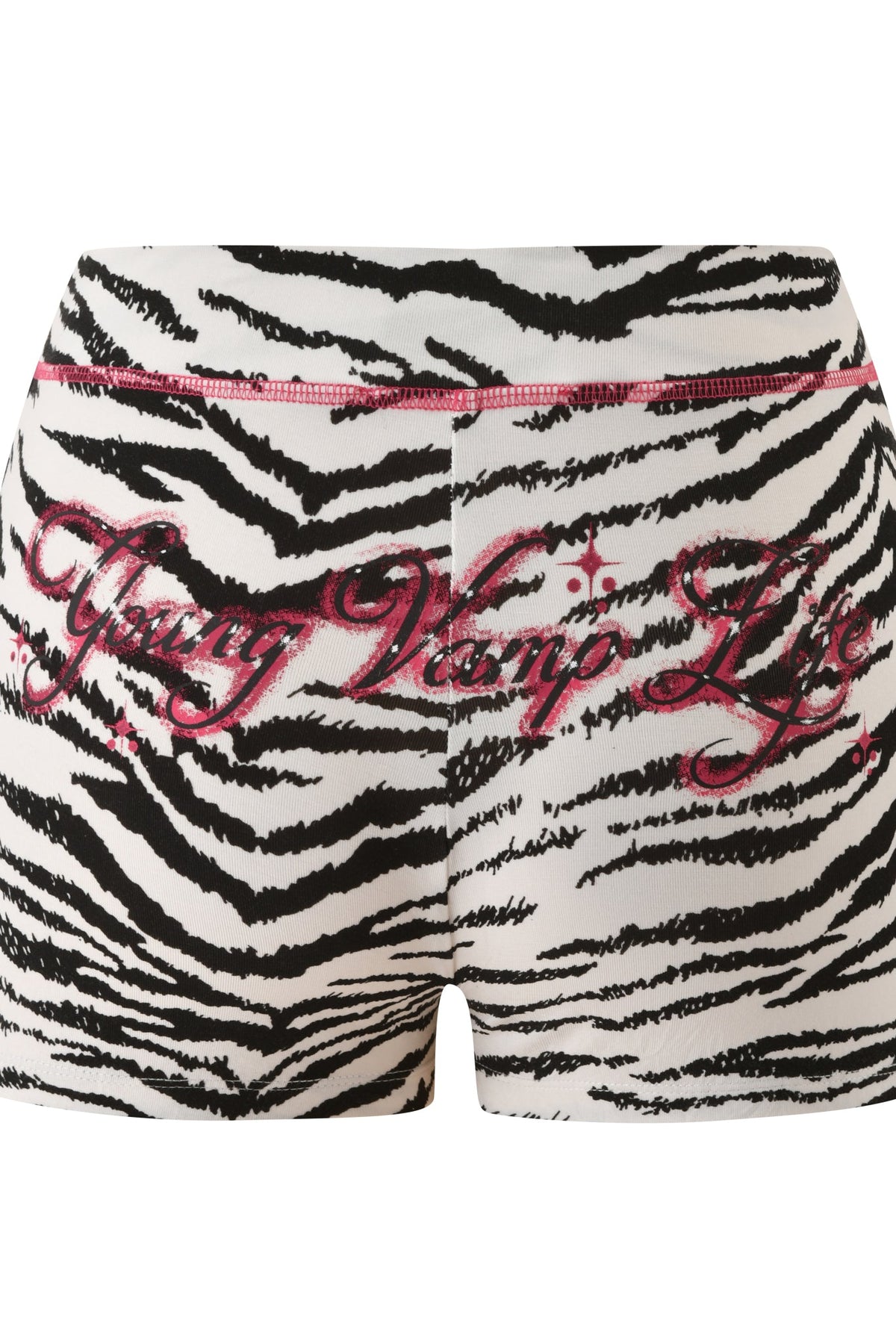 I.AM.GIA YVL BLARE SHORT - ZEBRA white zebra print mini shorts with the words “Young Vamp Life” embroidered in pink glittery script across the back.