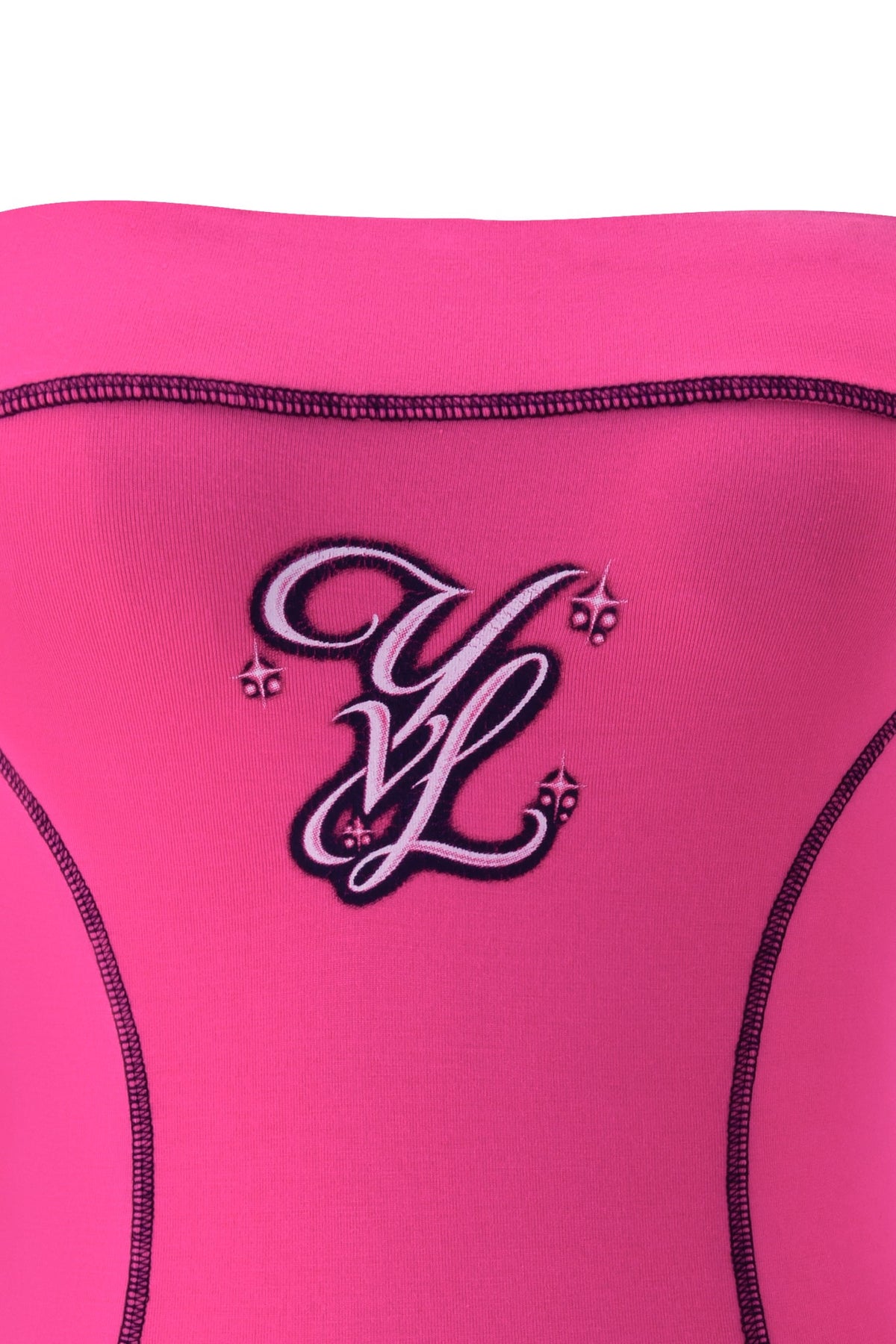 I.AM.GIA YVL BLARE TUBE MINI DRESS - PINK, a bright pink tube dress featuring an embroidered monogram logo in dark pink and black with small star accents and dark contrast stitching.