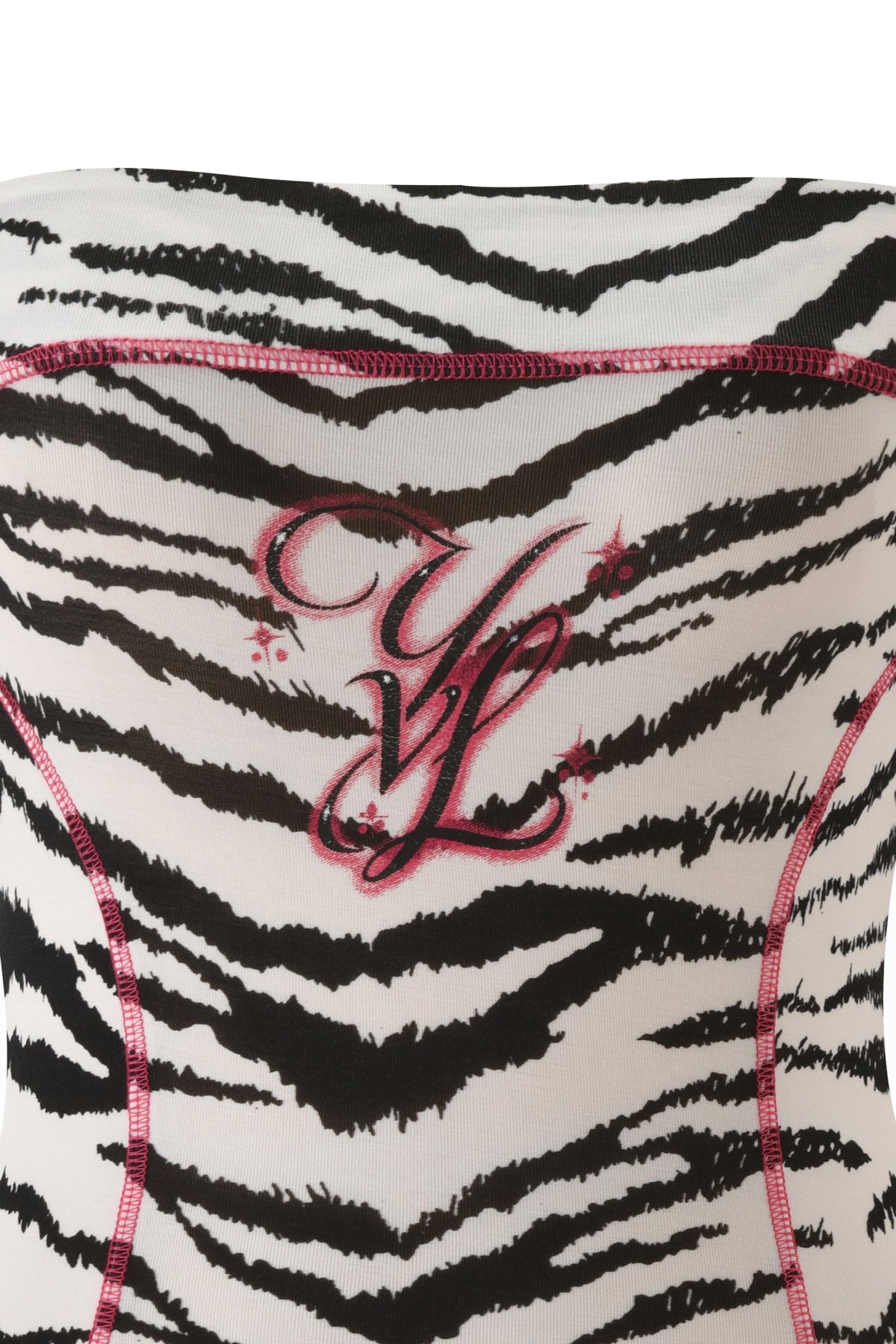 I.AM.GIA YVL BLARE TUBE MINI DRESS - ZEBRA, a strapless zebra-print tube dress featuring contrast pink stitching and a pink “YL” logo on the chest.