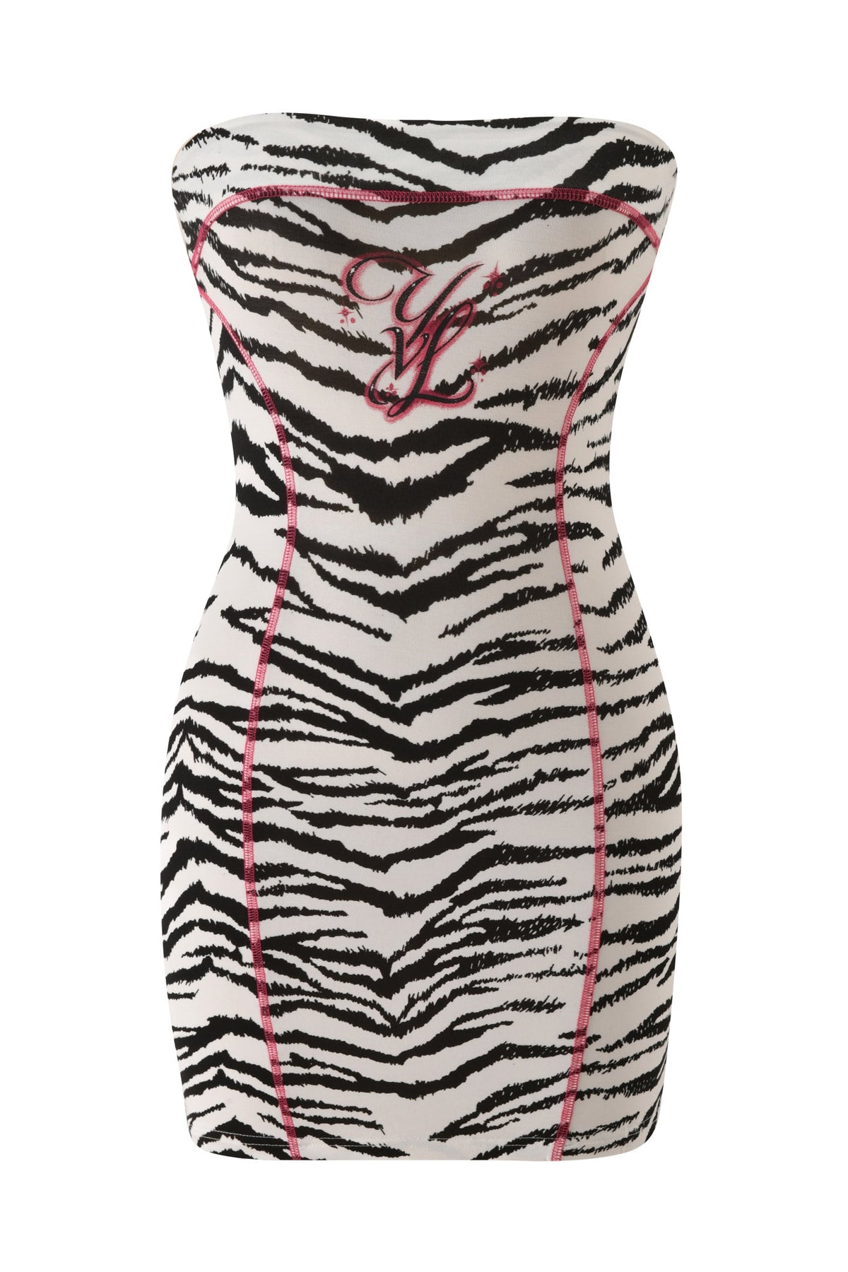 I.AM.GIA YVL BLARE TUBE MINI DRESS - ZEBRA in a black and white zebra print with contrast pink stitching and an embroidered pink logo on the chest.