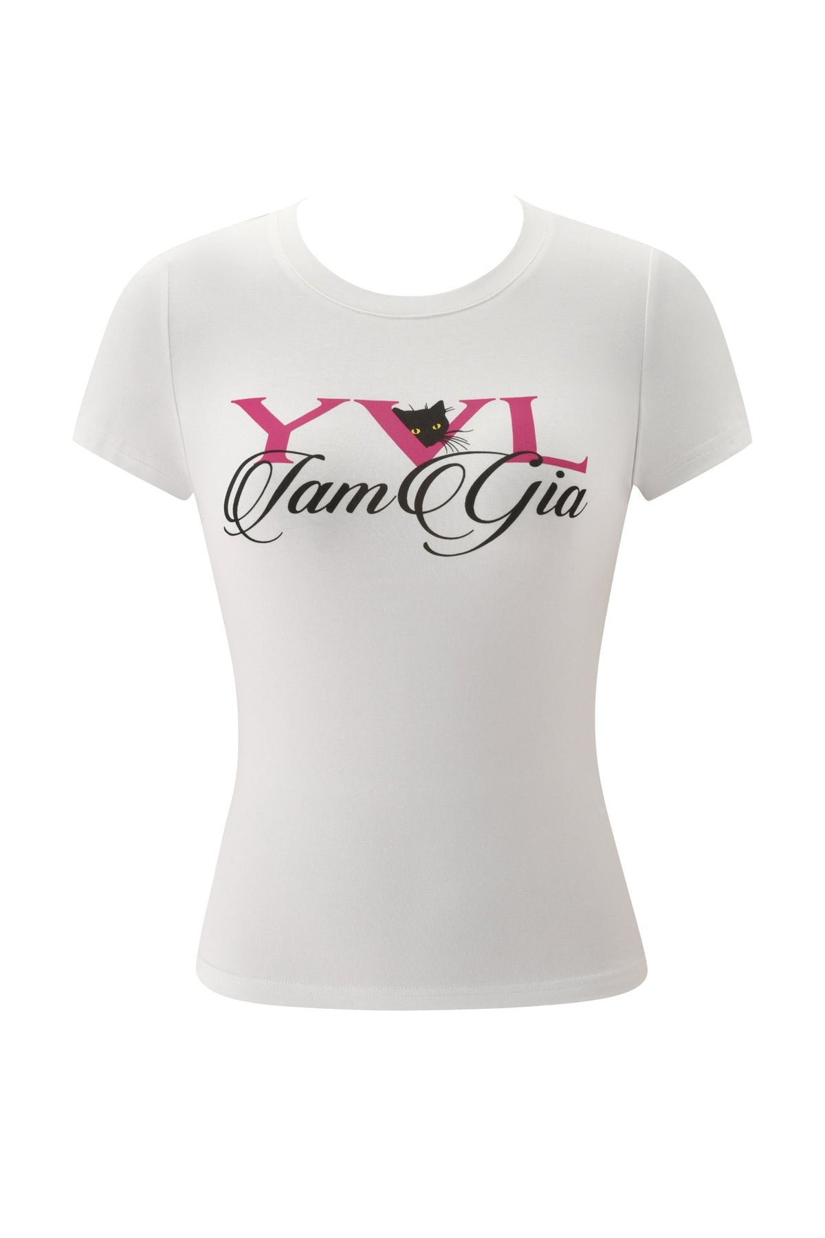 White YVL T-SHIRT - WHITE CAT featuring a black cat’s head graphic peeking from behind pink “YVL” text above a black cursive “I.AM.GIA” logo.