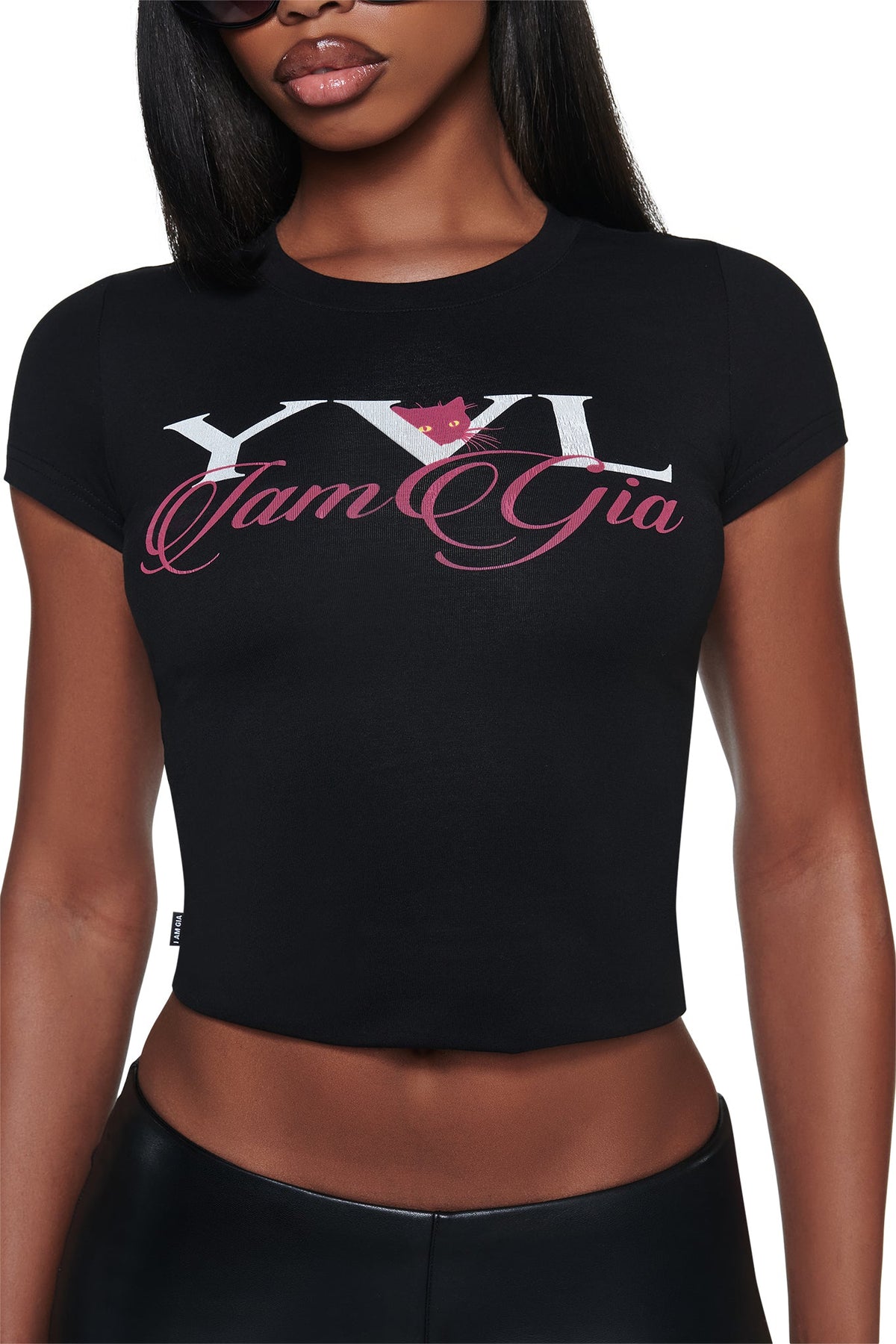 Black YVL T-SHIRT - BLACK CAT cropped t-shirt with a white “YVL” graphic featuring a cat face in the center, above the Young Vamp Life brand name in pink script.
