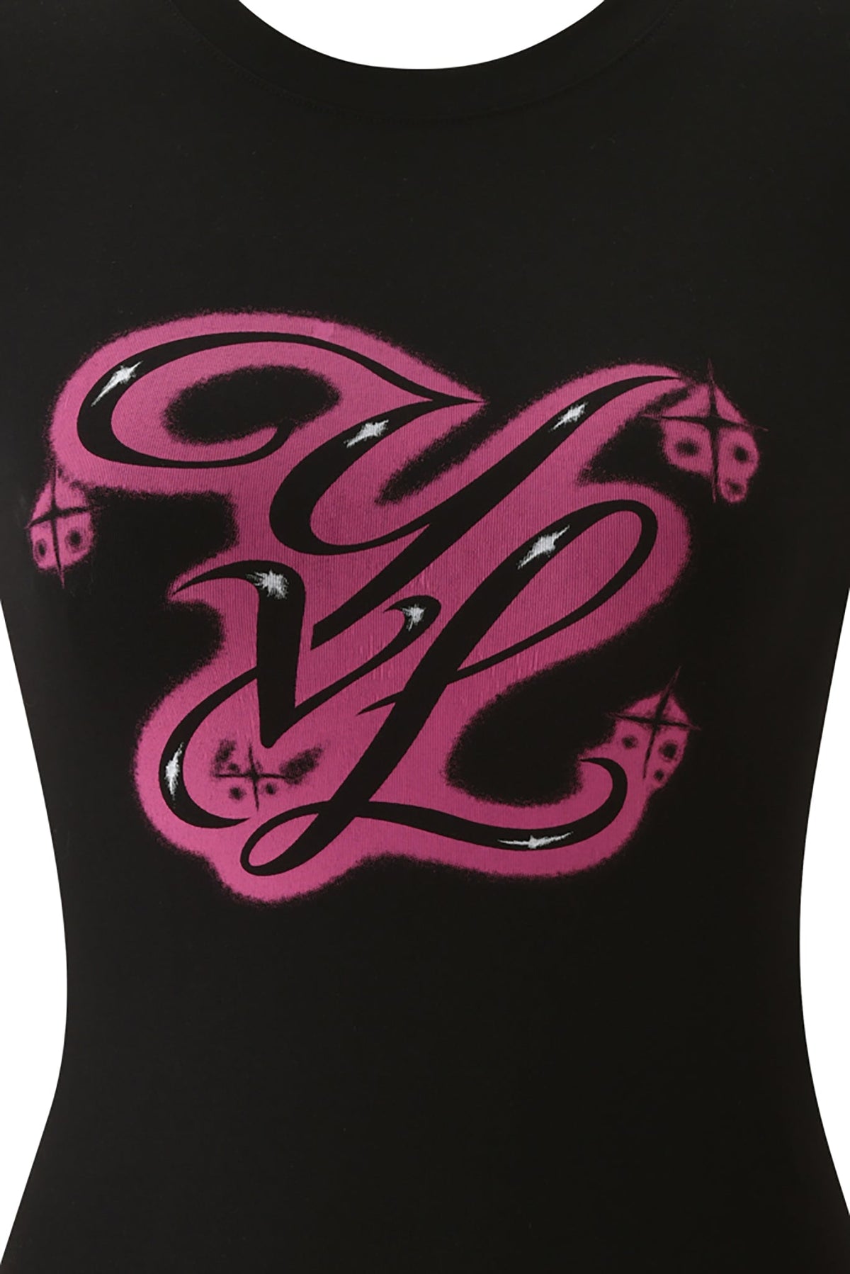 Black YVL T-SHIRT - BLACK MONOGRAM featuring a stylized pink and black “YVL” Young Vamp Life monogram print.